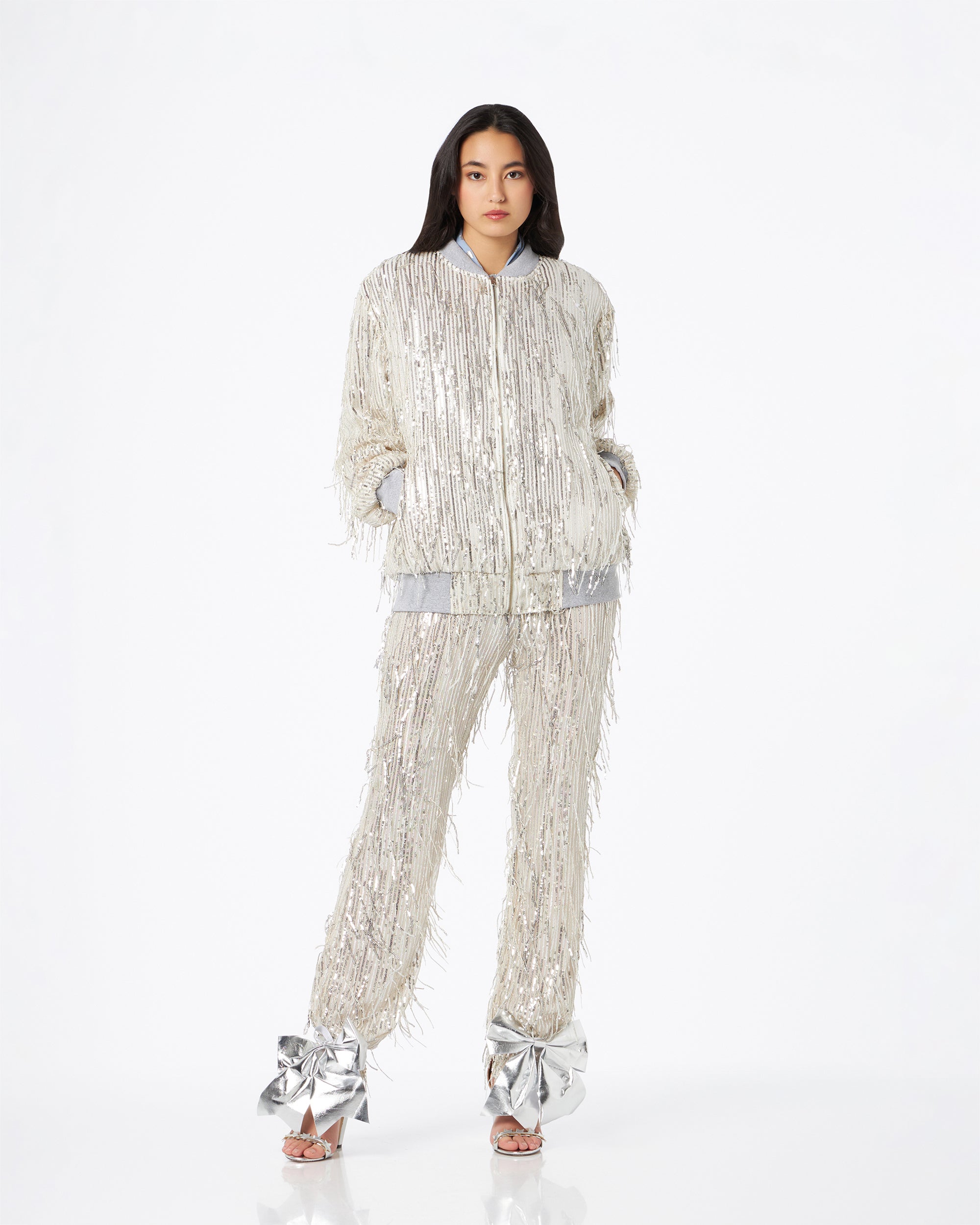 Belluno bomber in paillettes frangia argento