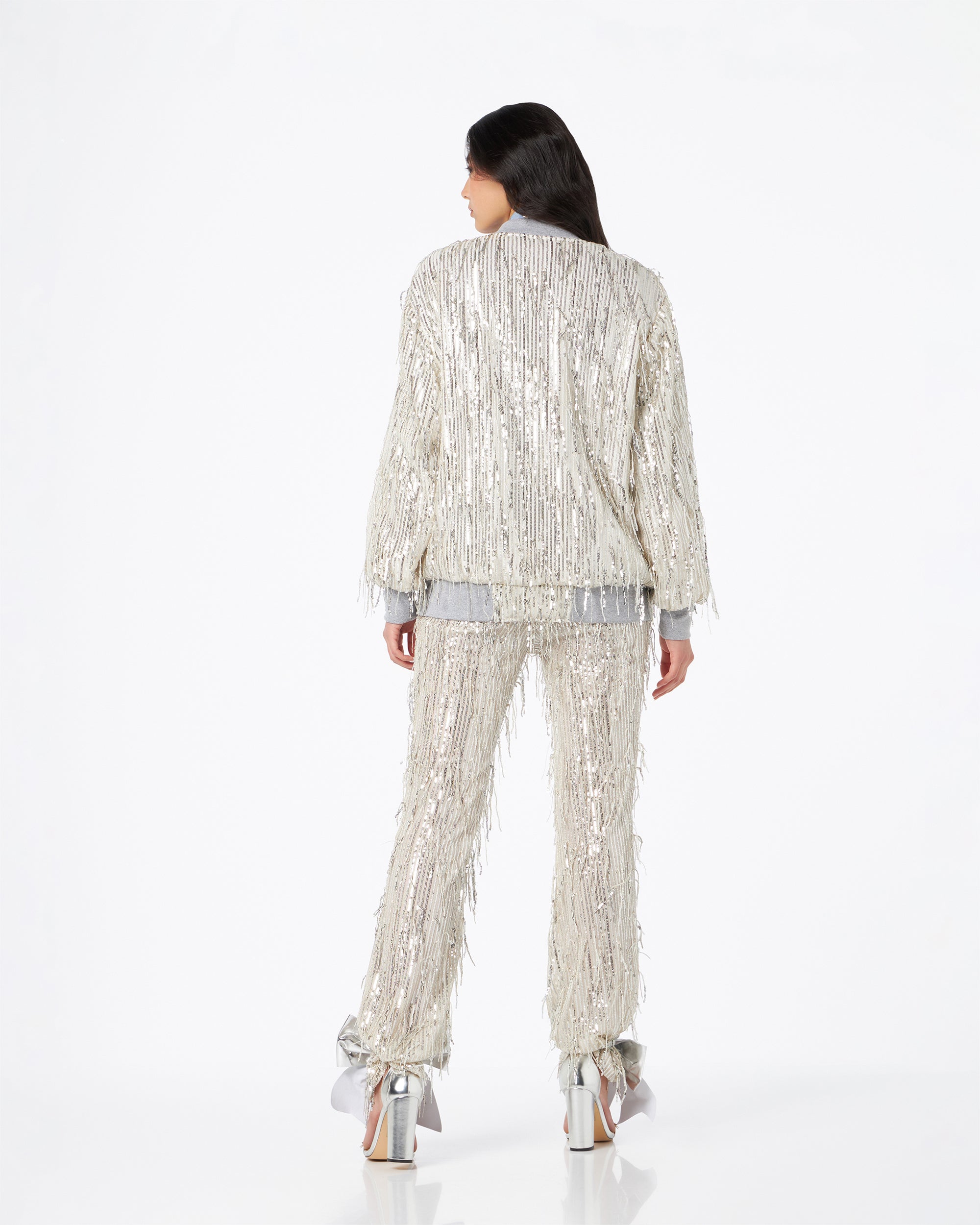 Belluno bomber in paillettes frangia argento
