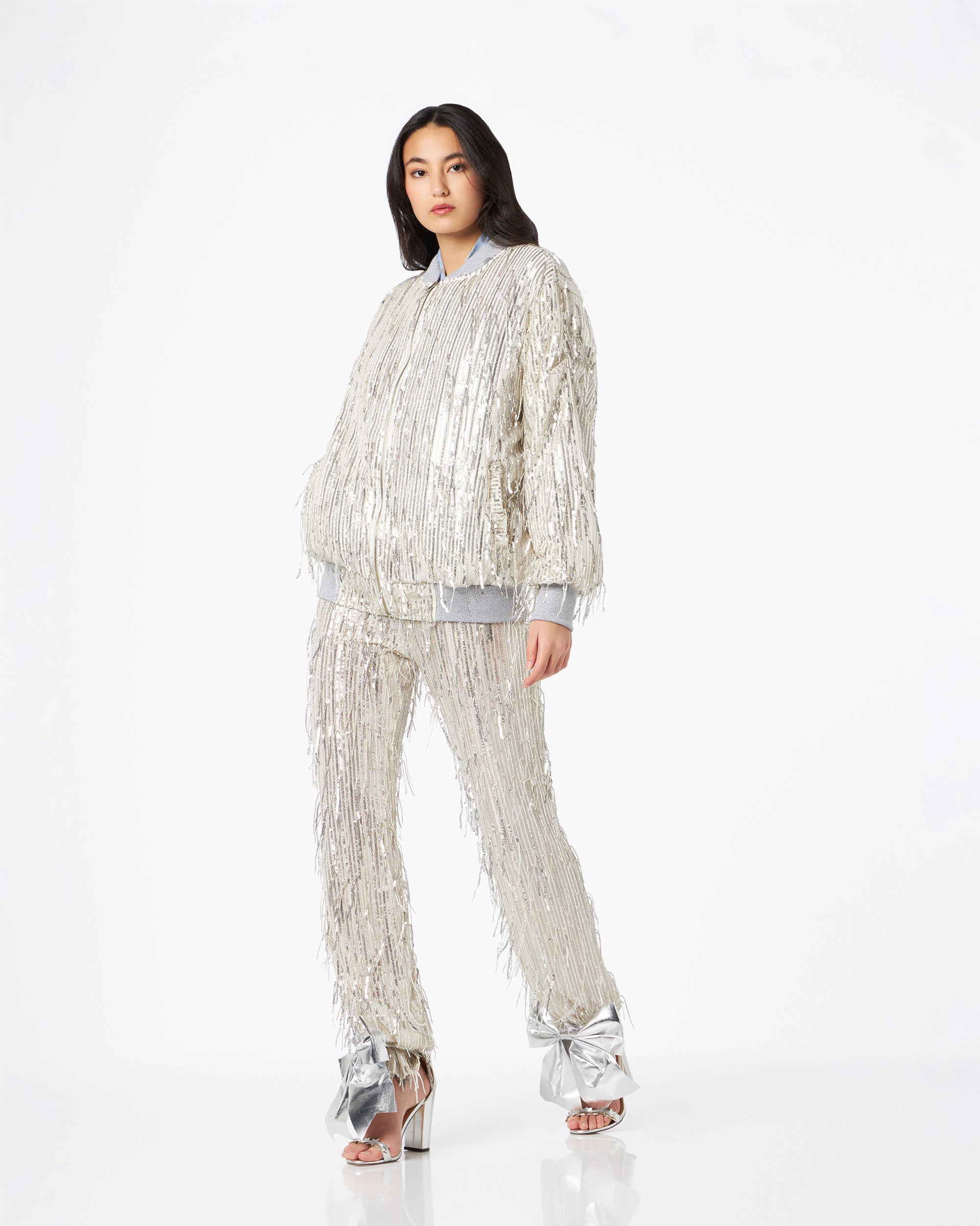 Belluno bomber in paillettes frangia argento