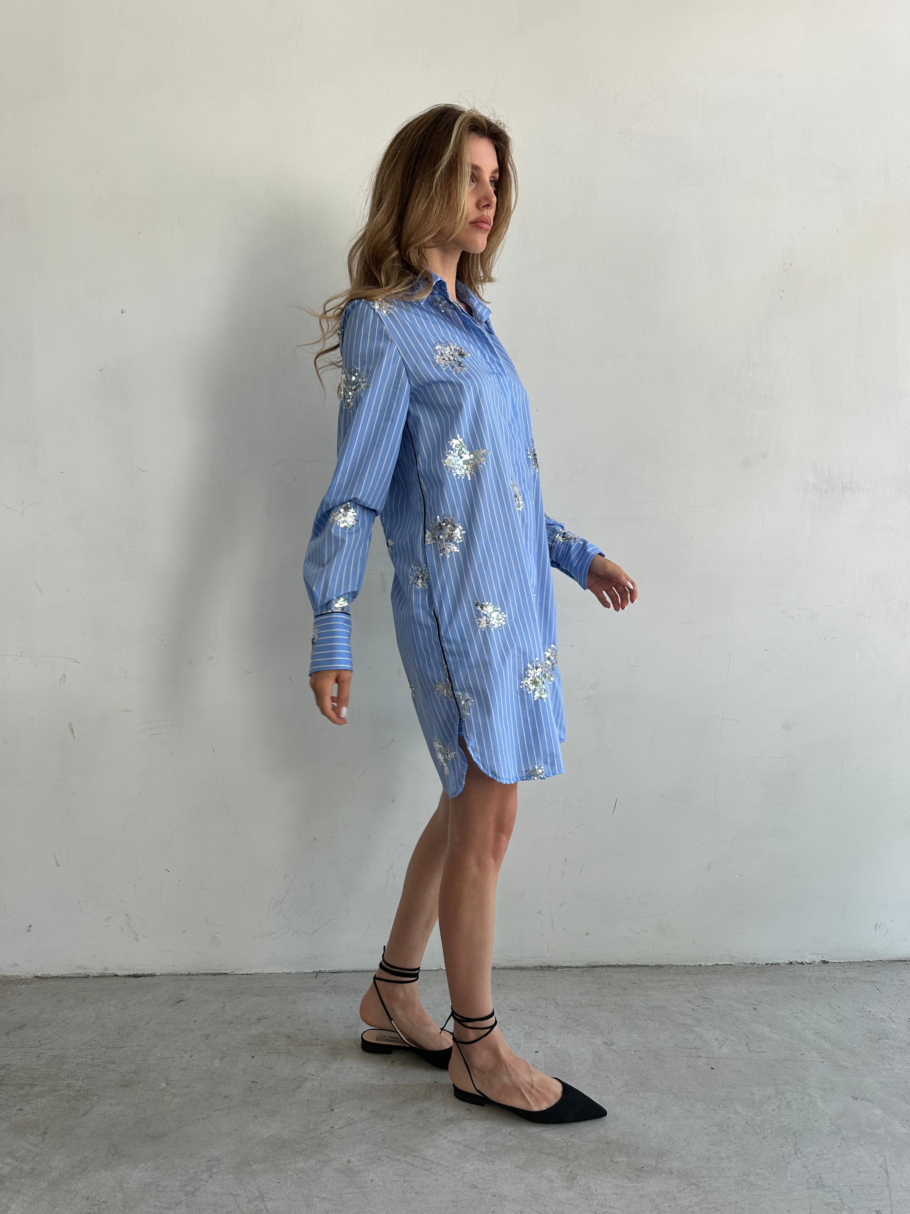 Silenzio Chemisier Azzurro Cielo A Righe E Paillettes