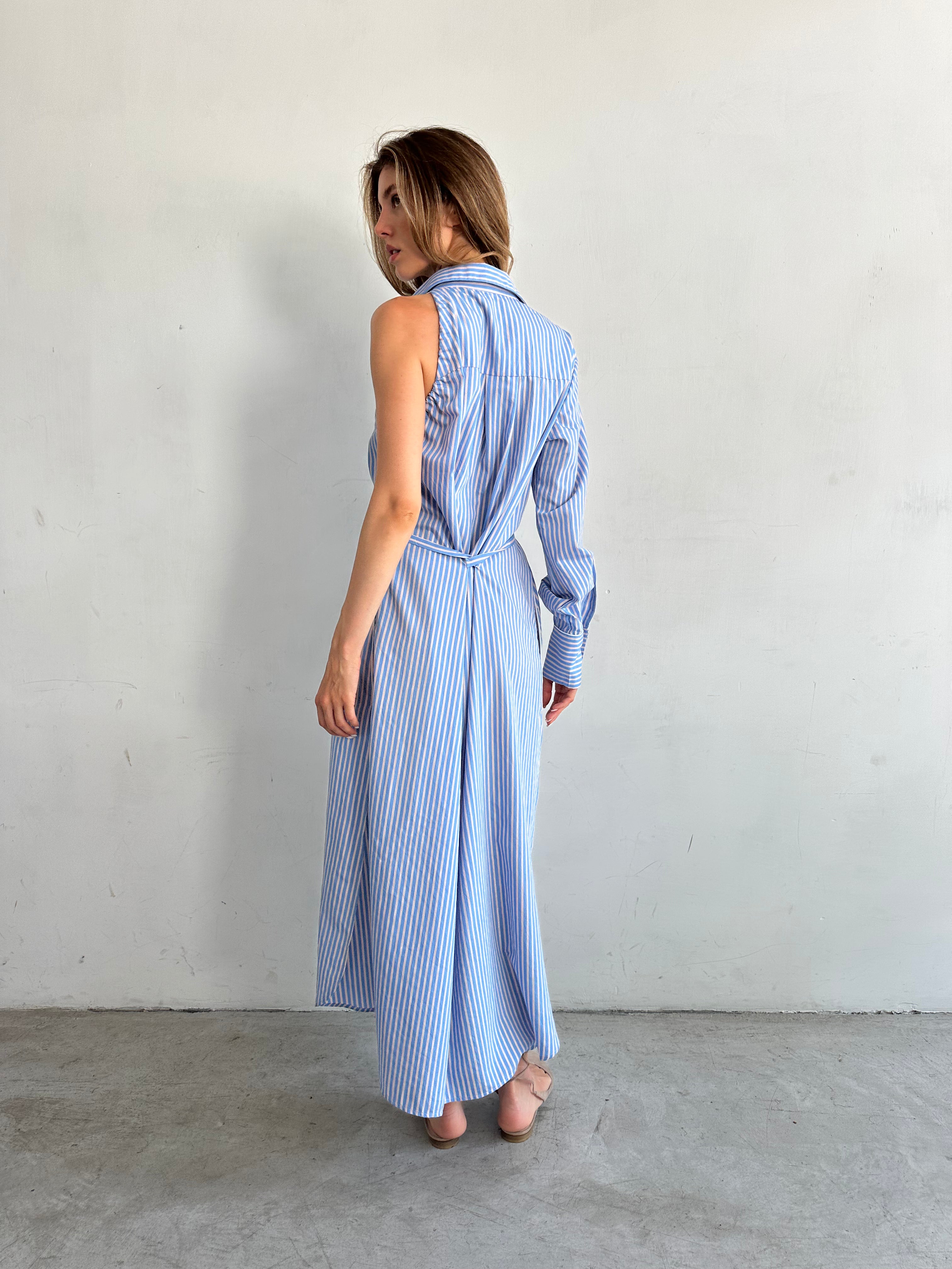 Ombra Chemisier Monospalla Azzurro Cielo A Righe