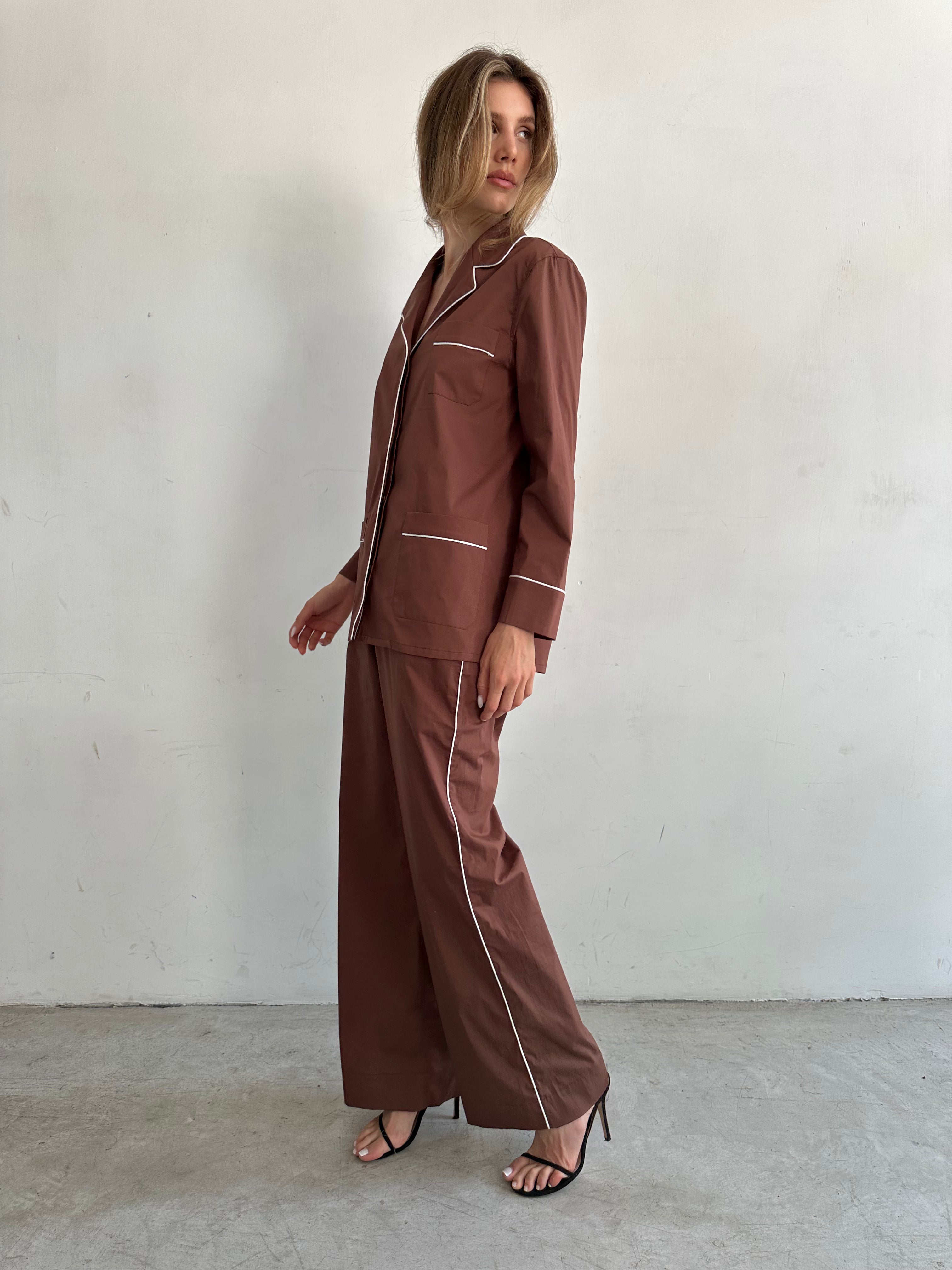 Buon Camicia Pigiama Marrone In Cotone