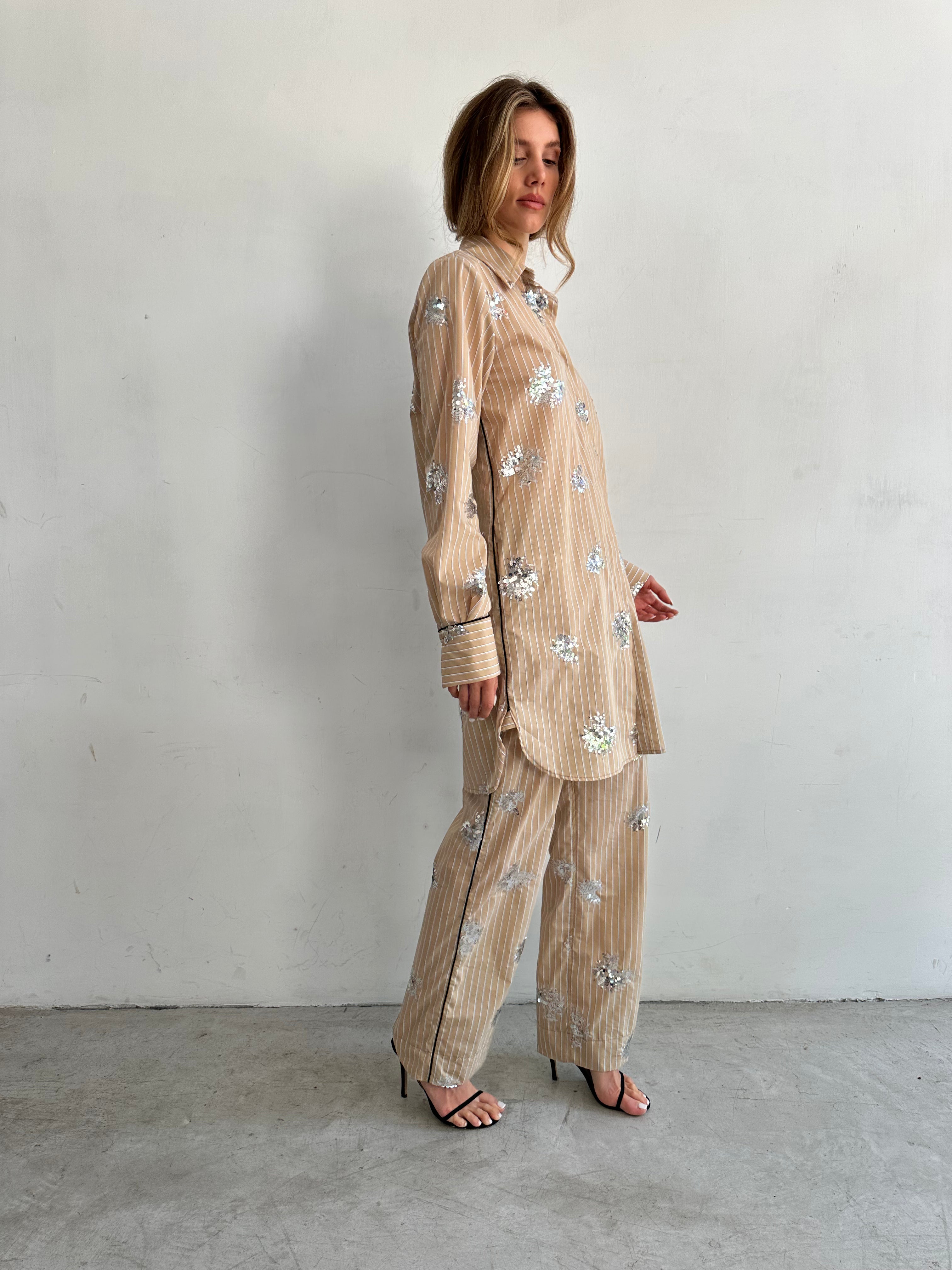 Giorno Pantaloni Pigiama Beige A Righe E Paillettes