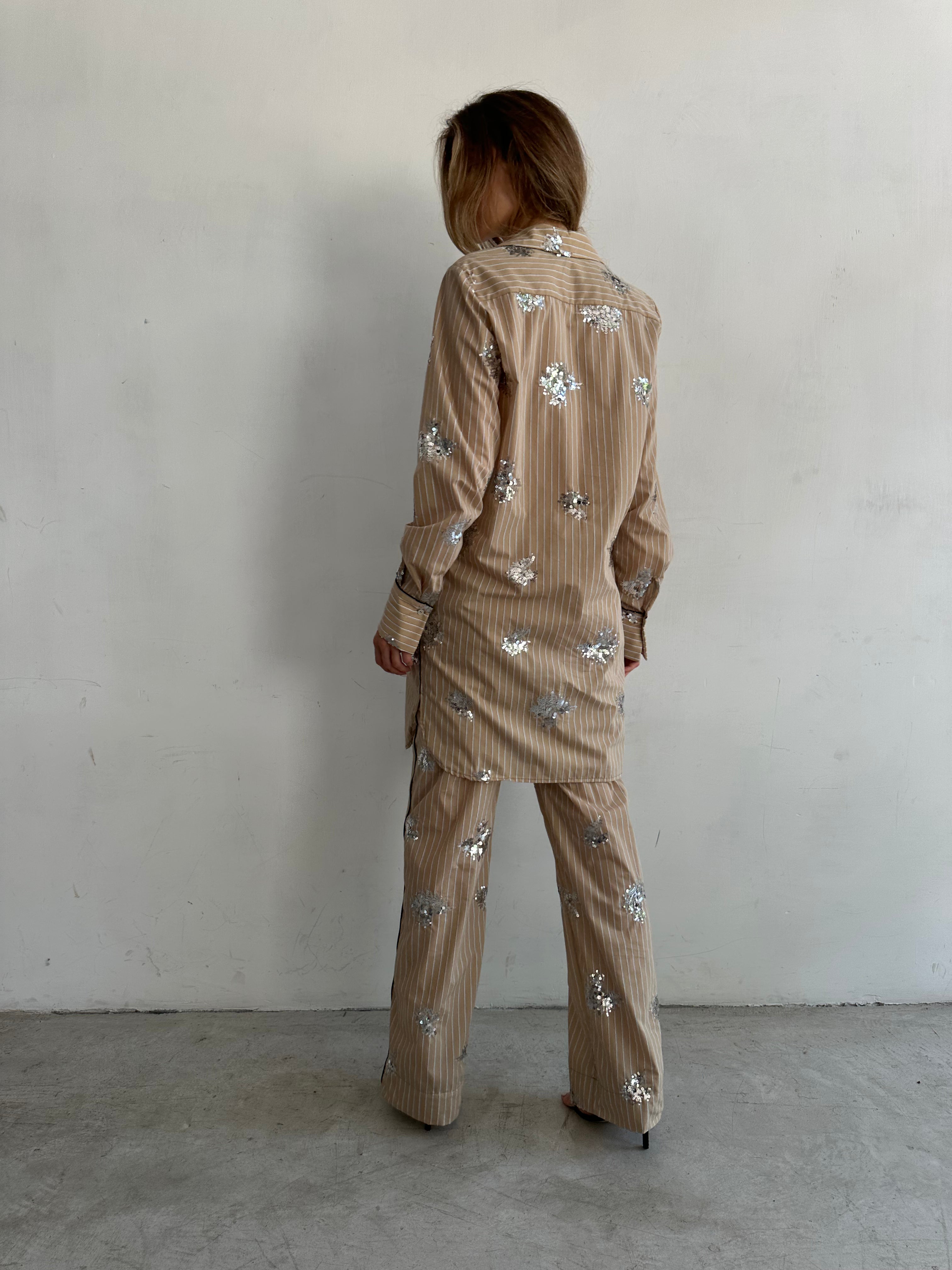 Giorno Pantaloni Pigiama Beige A Righe E Paillettes