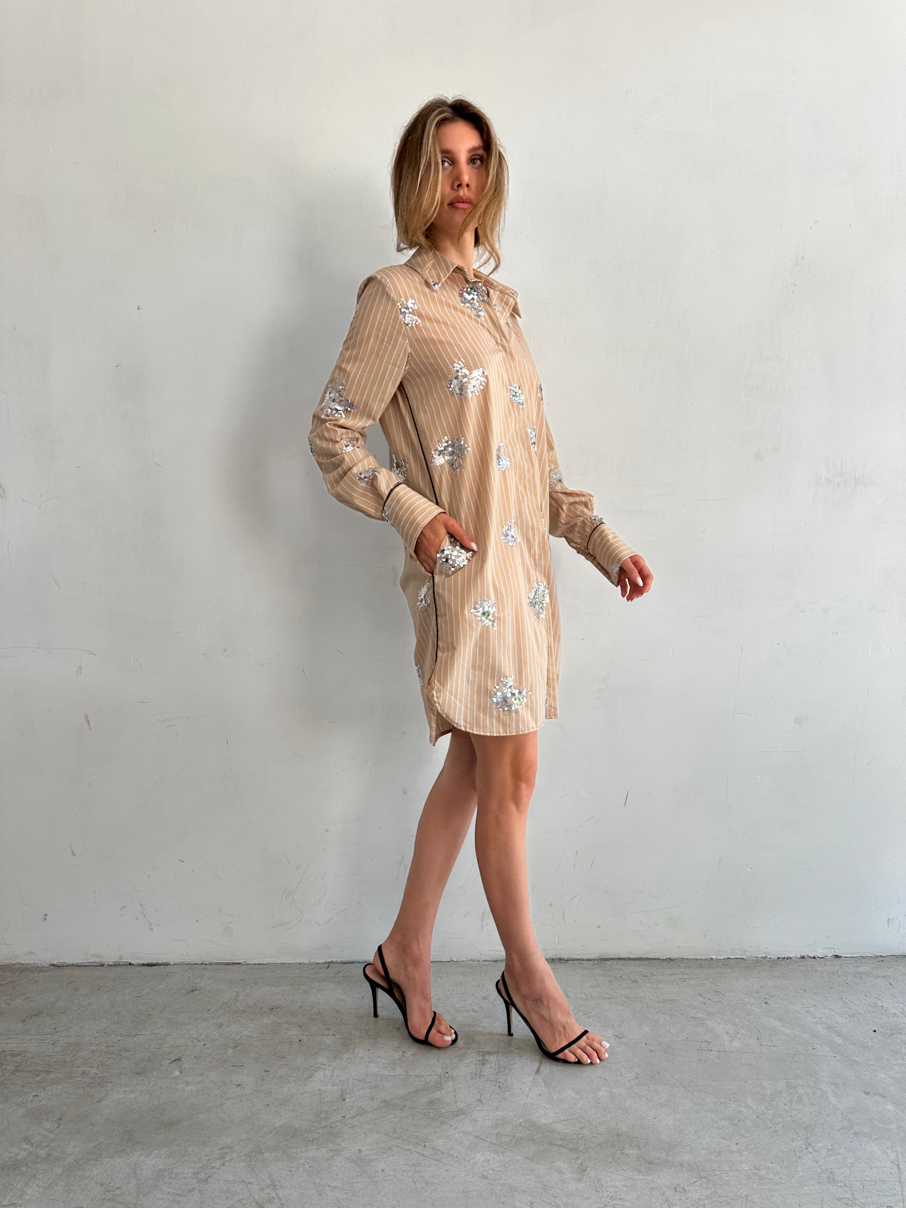Silenzio Chemisier Beige A Righe E Paillettes