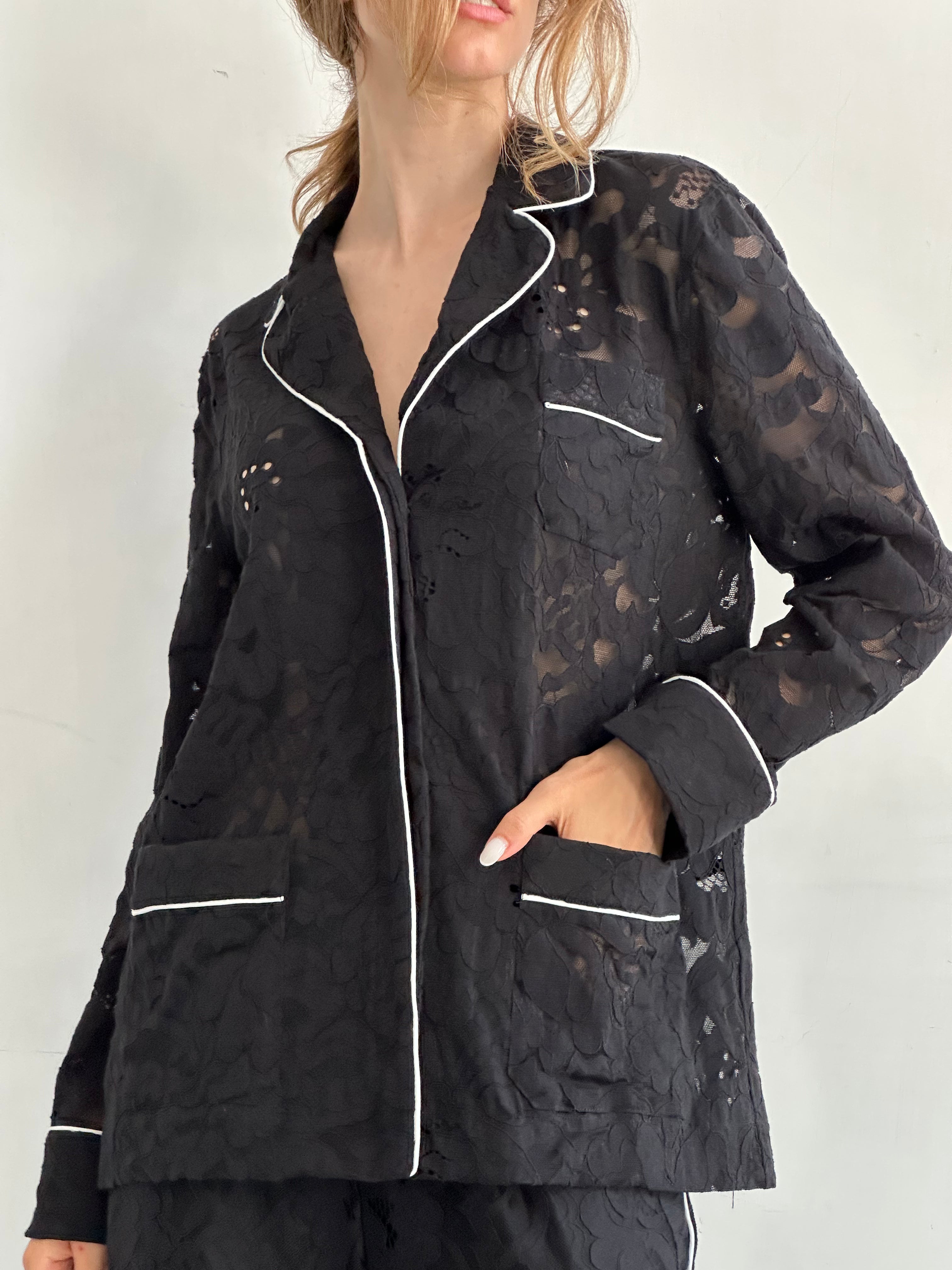 Buon Camicia Pigiama Nero In Pizzo