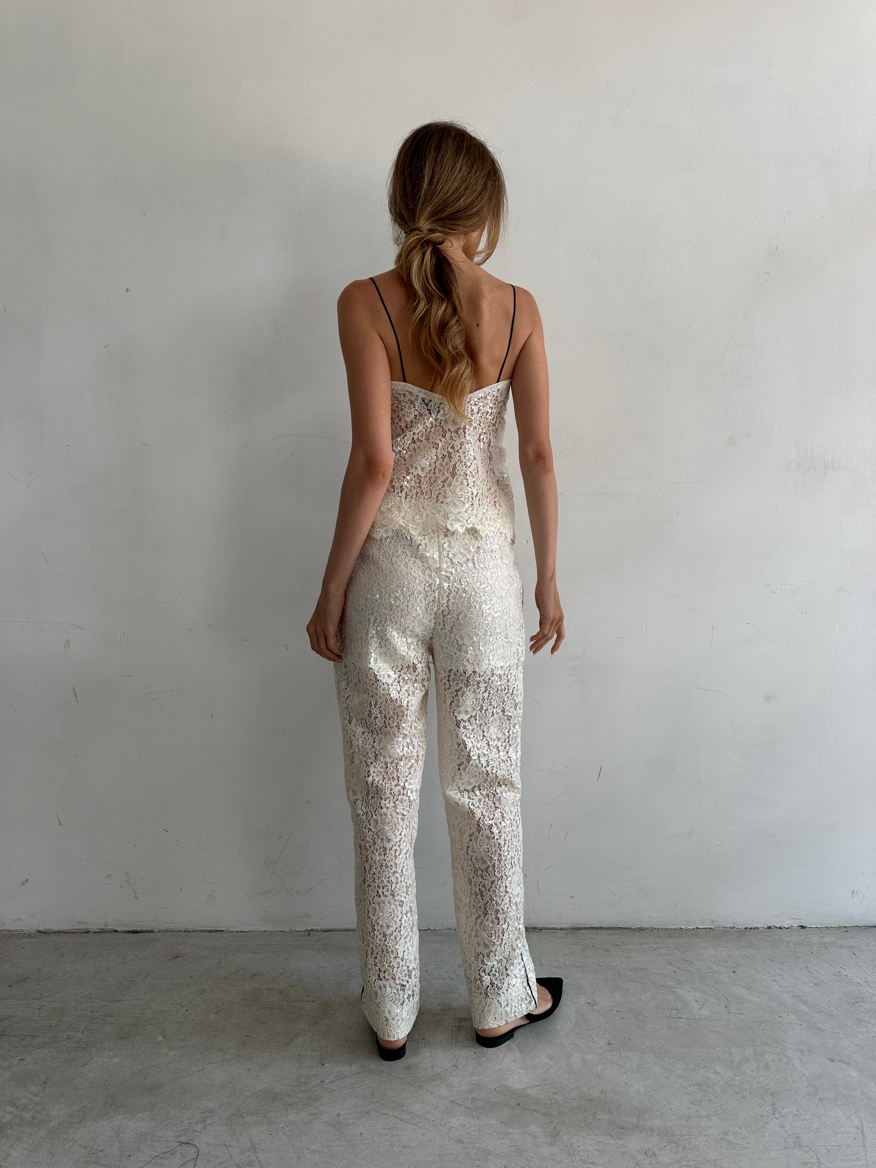Sera Pantaloni Pigiama Bianco In Pizzo E Paillettes