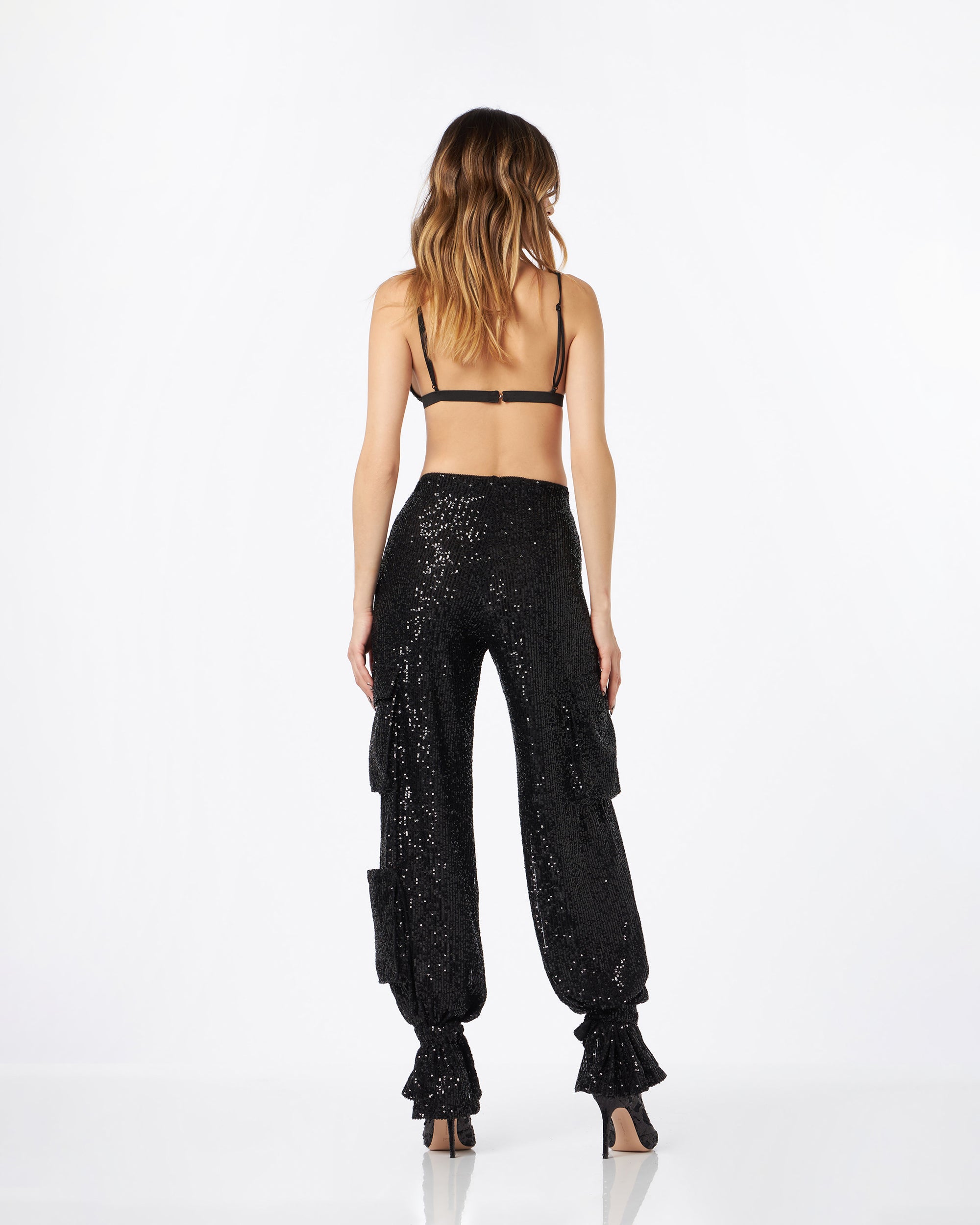 Pamela pantalone cargo in paillettes nero