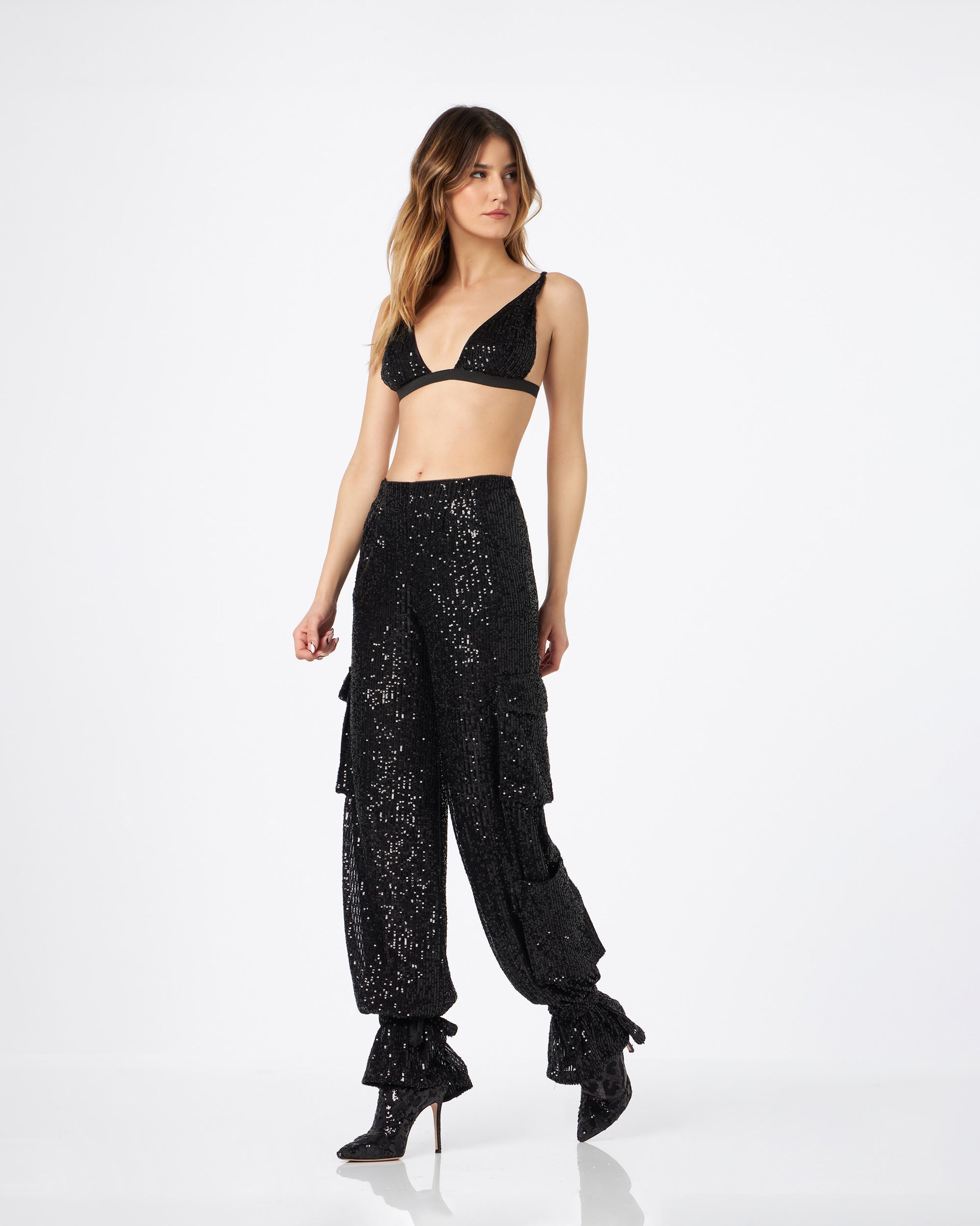 Pamela pantalone cargo in paillettes nero