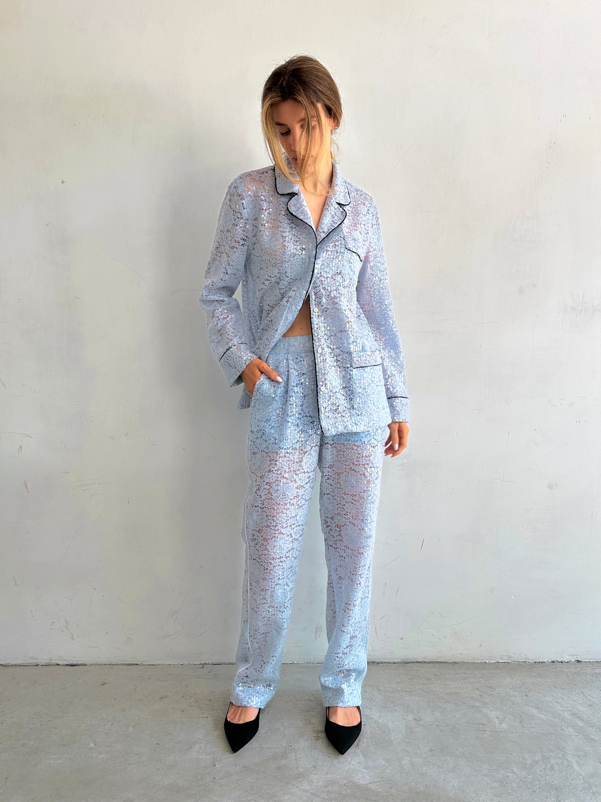 Sera Pantaloni Pigiama Azzurro Cielo In Pizzo E Paillettes