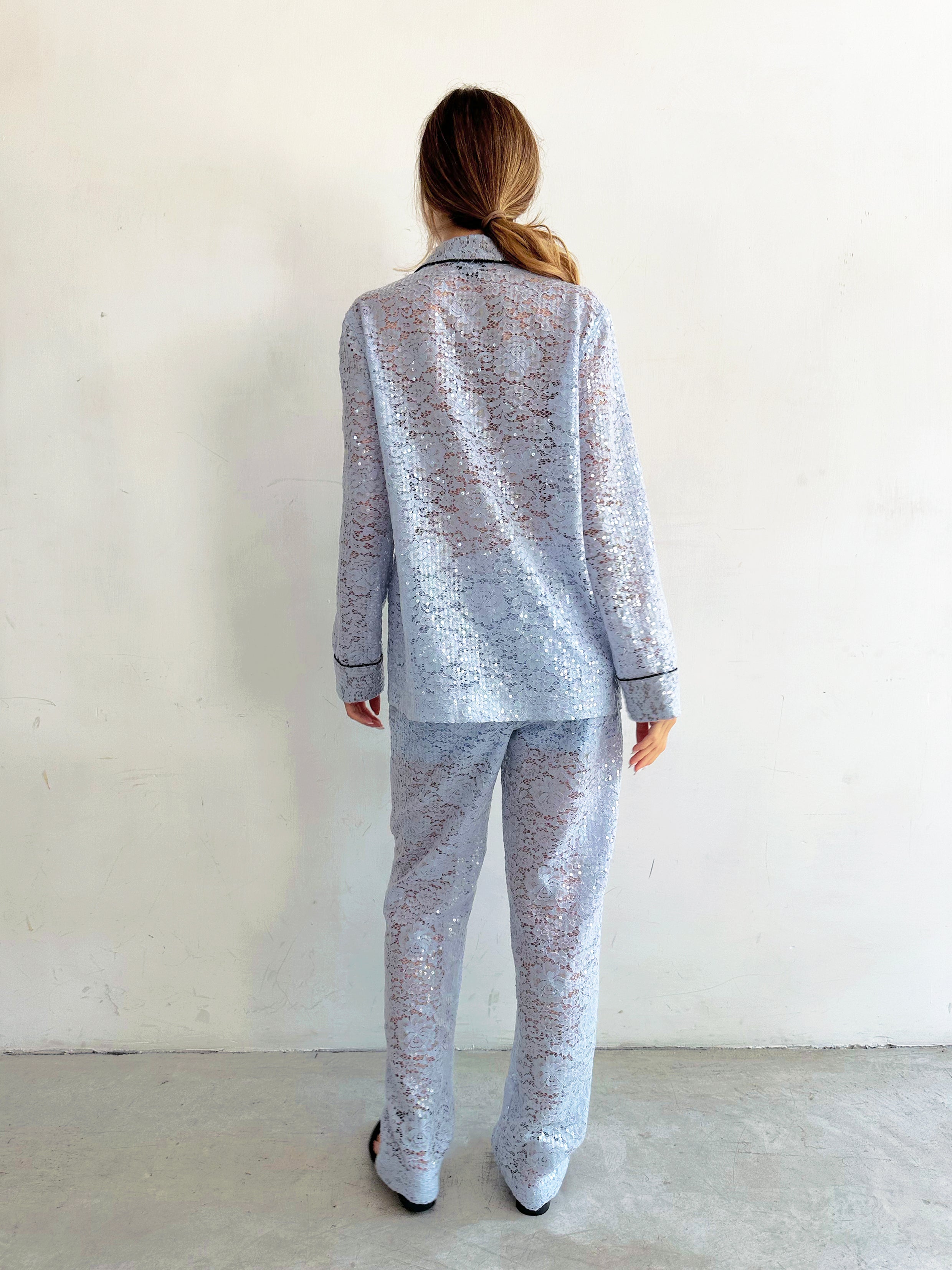 Sera Pantaloni Pigiama Azzurro Cielo In Pizzo E Paillettes