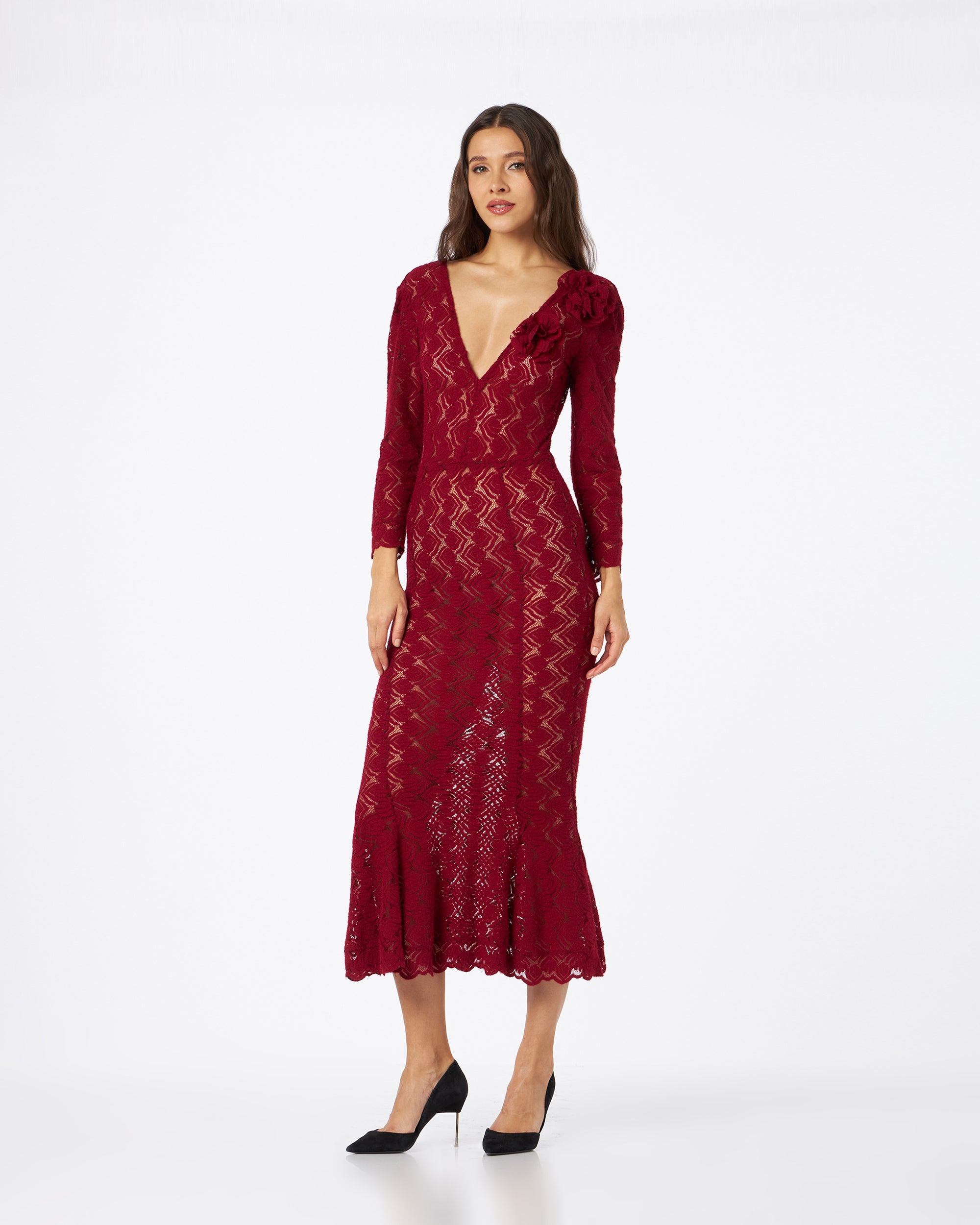 Sole abito in pizzo con fiori ricamati bordeaux