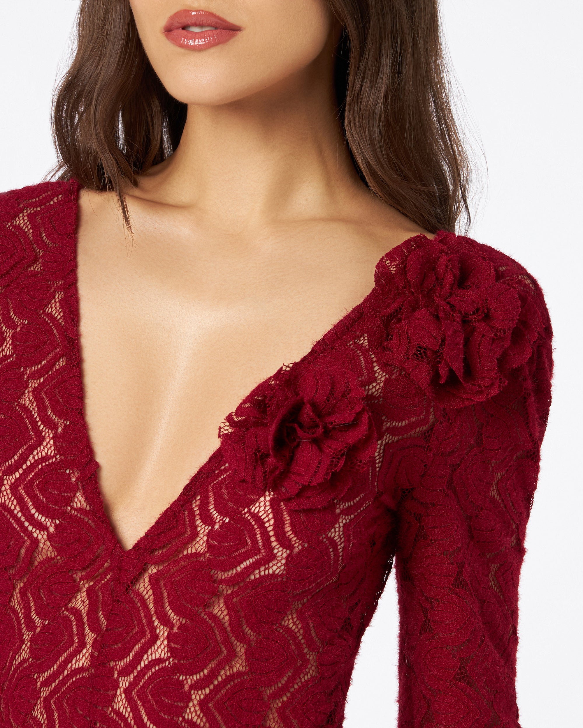 Sole abito in pizzo con fiori ricamati bordeaux