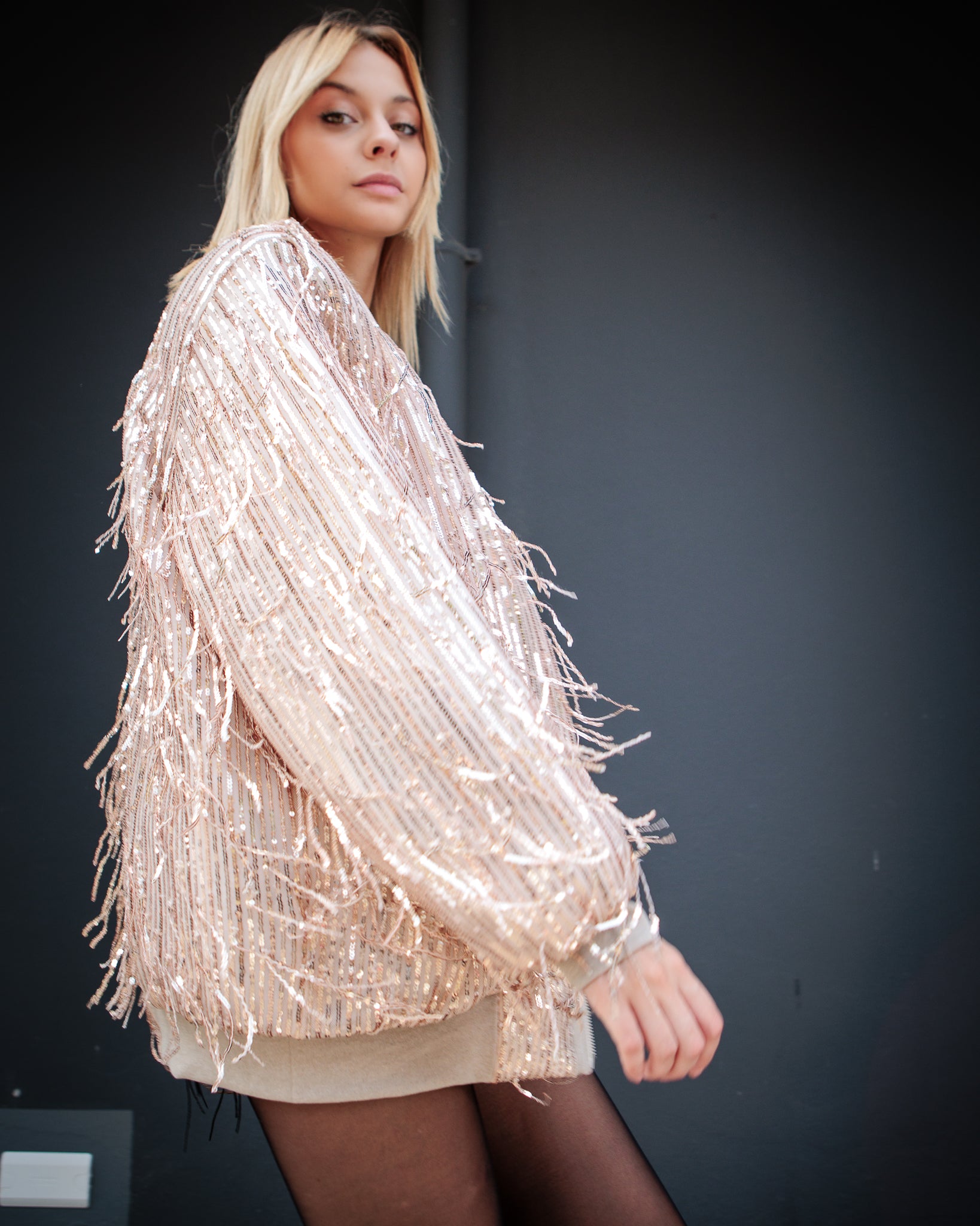 Belluno bomber frangia rose gold