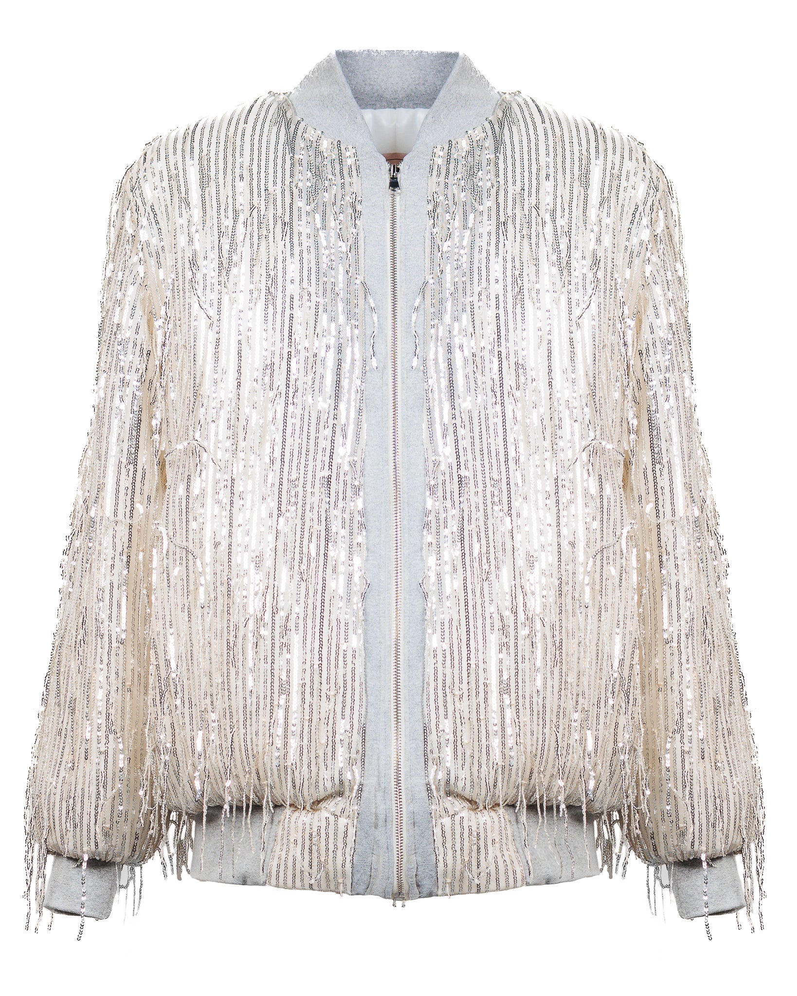 Belluno bomber in paillettes frangia argento