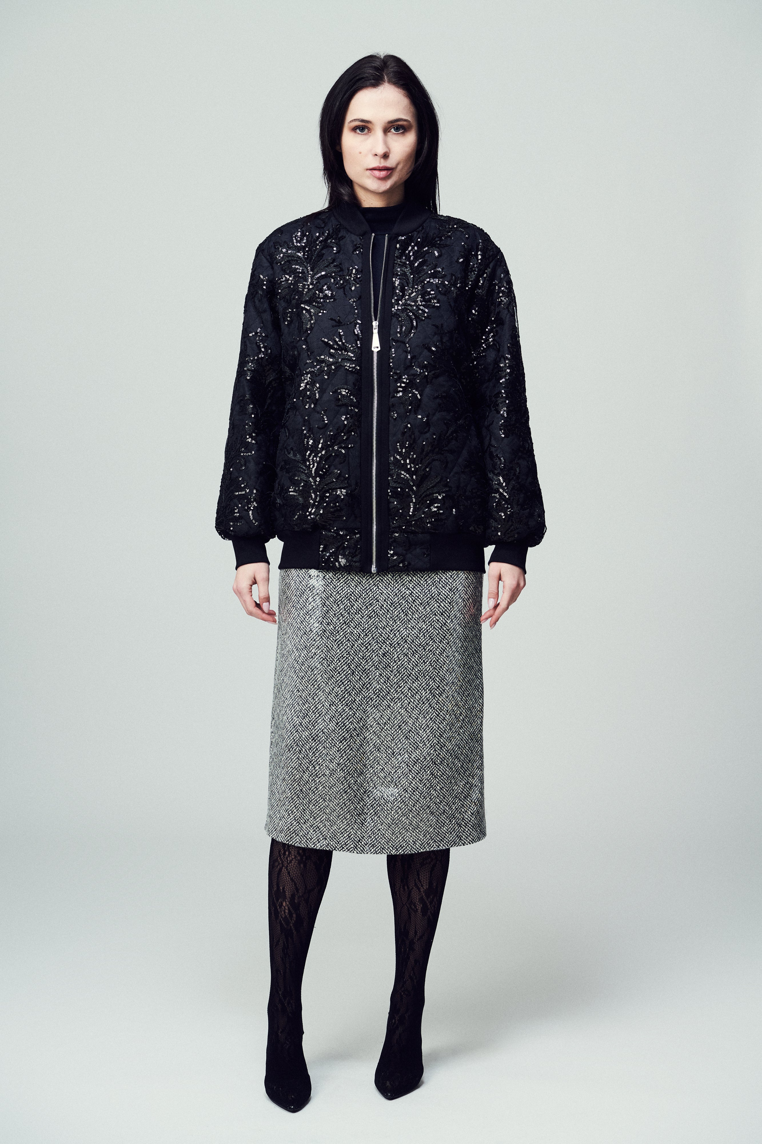 Bomber Belluno in paillettes e pizzo nero