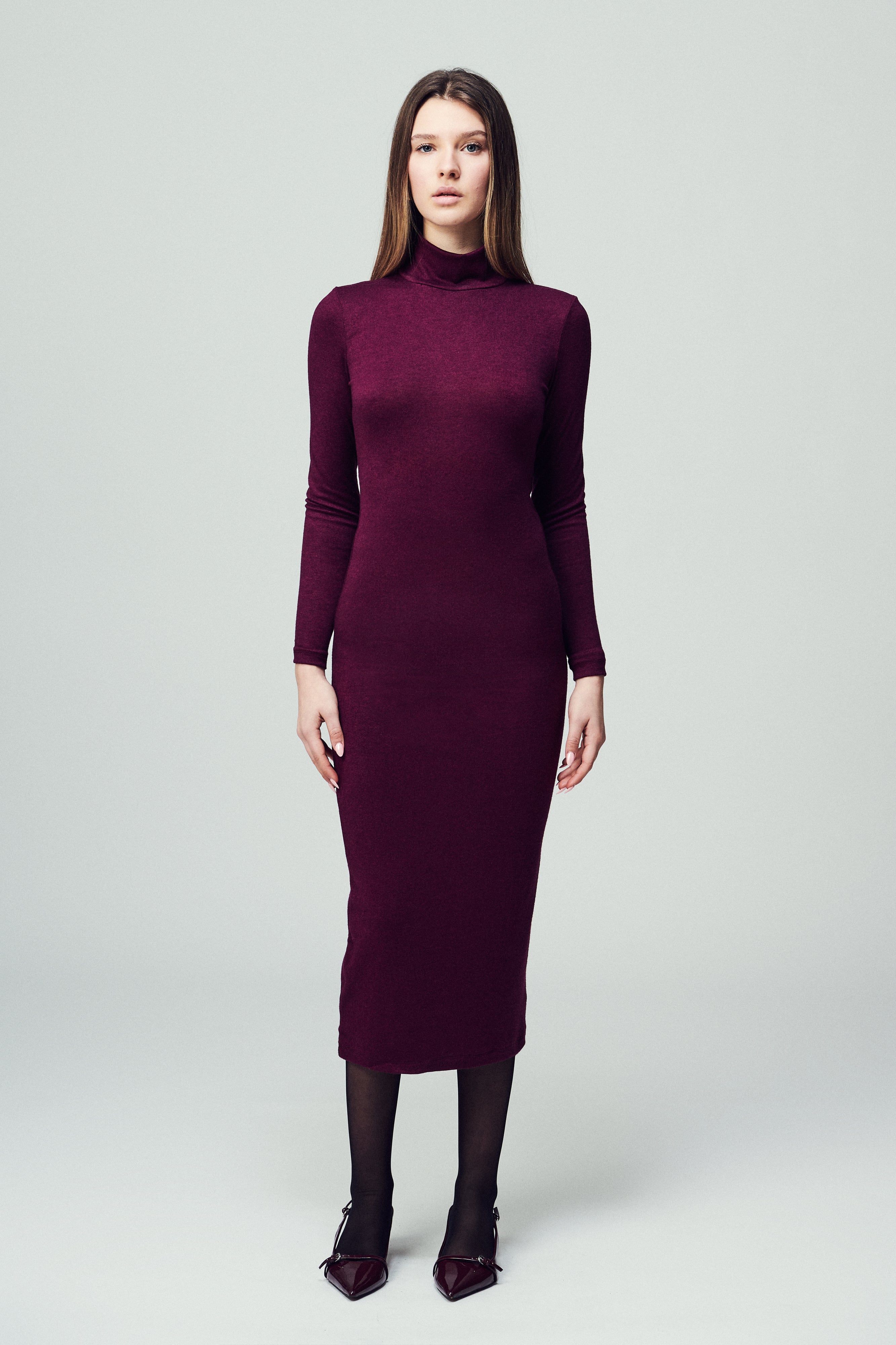 Abito T362 slip dress a maniche lunghe in jersey bordeaux