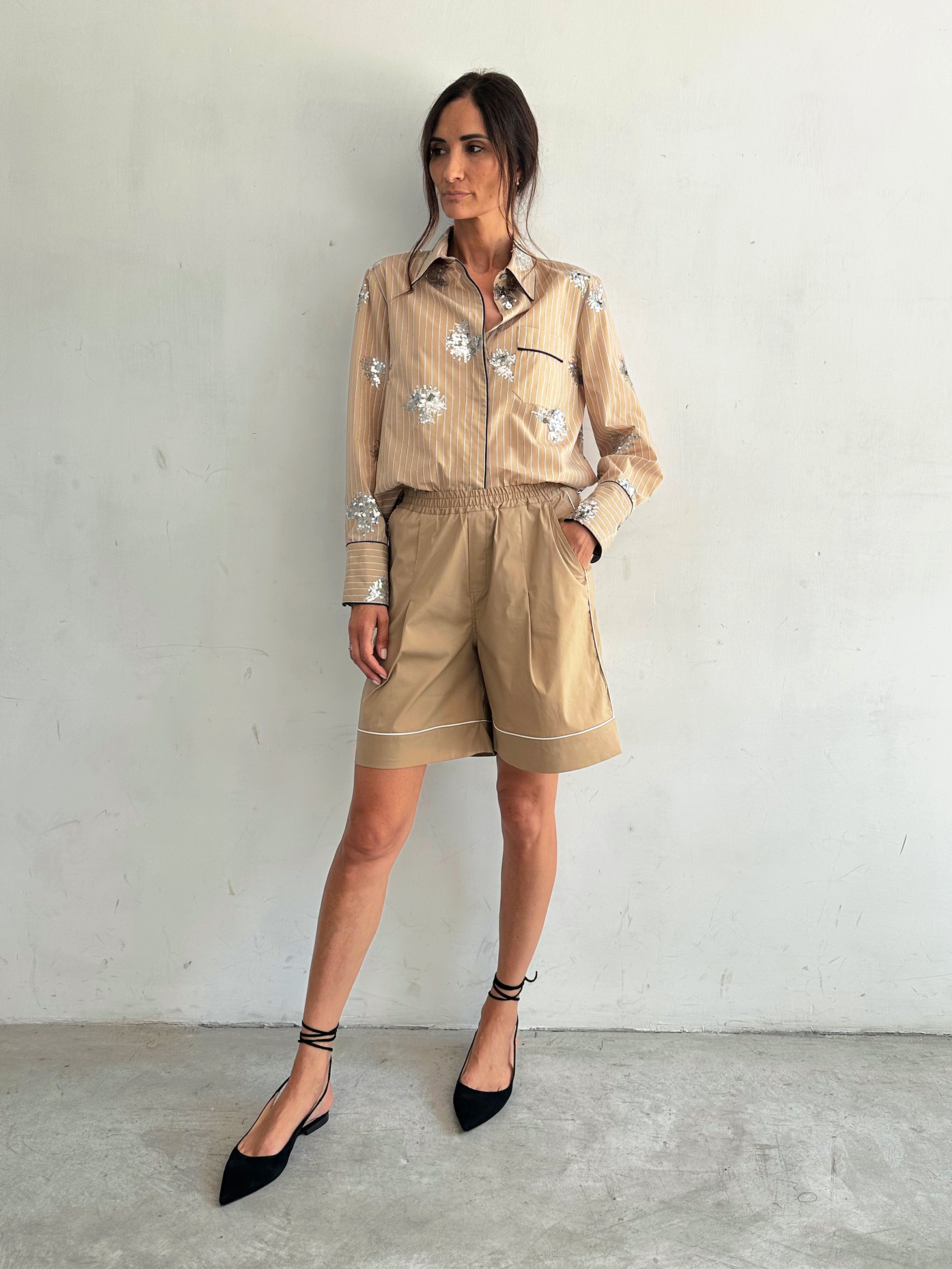 Aria Camicia Pigiama Beige A Righe E Paillettes