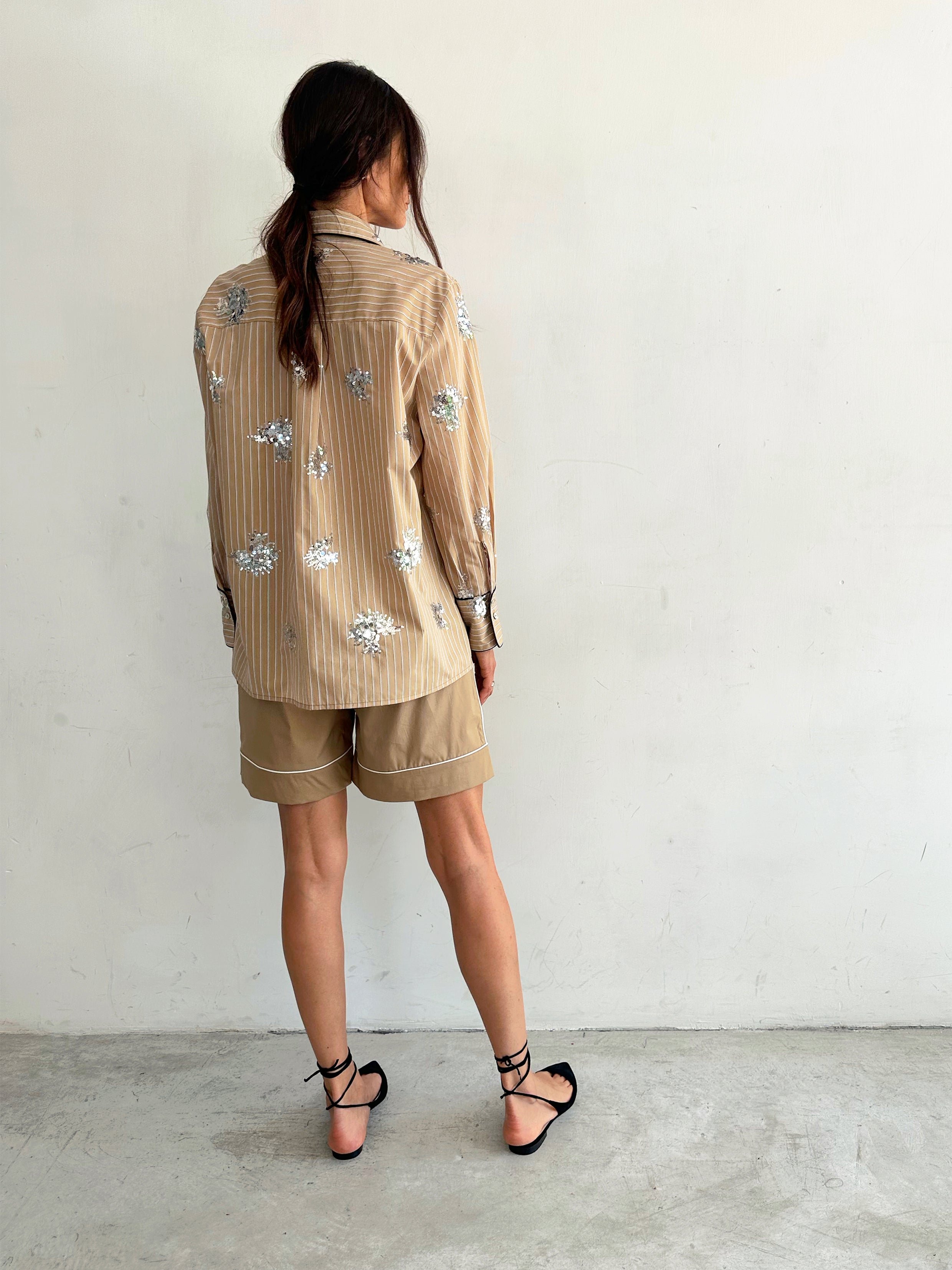 Aria Camicia Pigiama Beige A Righe E Paillettes