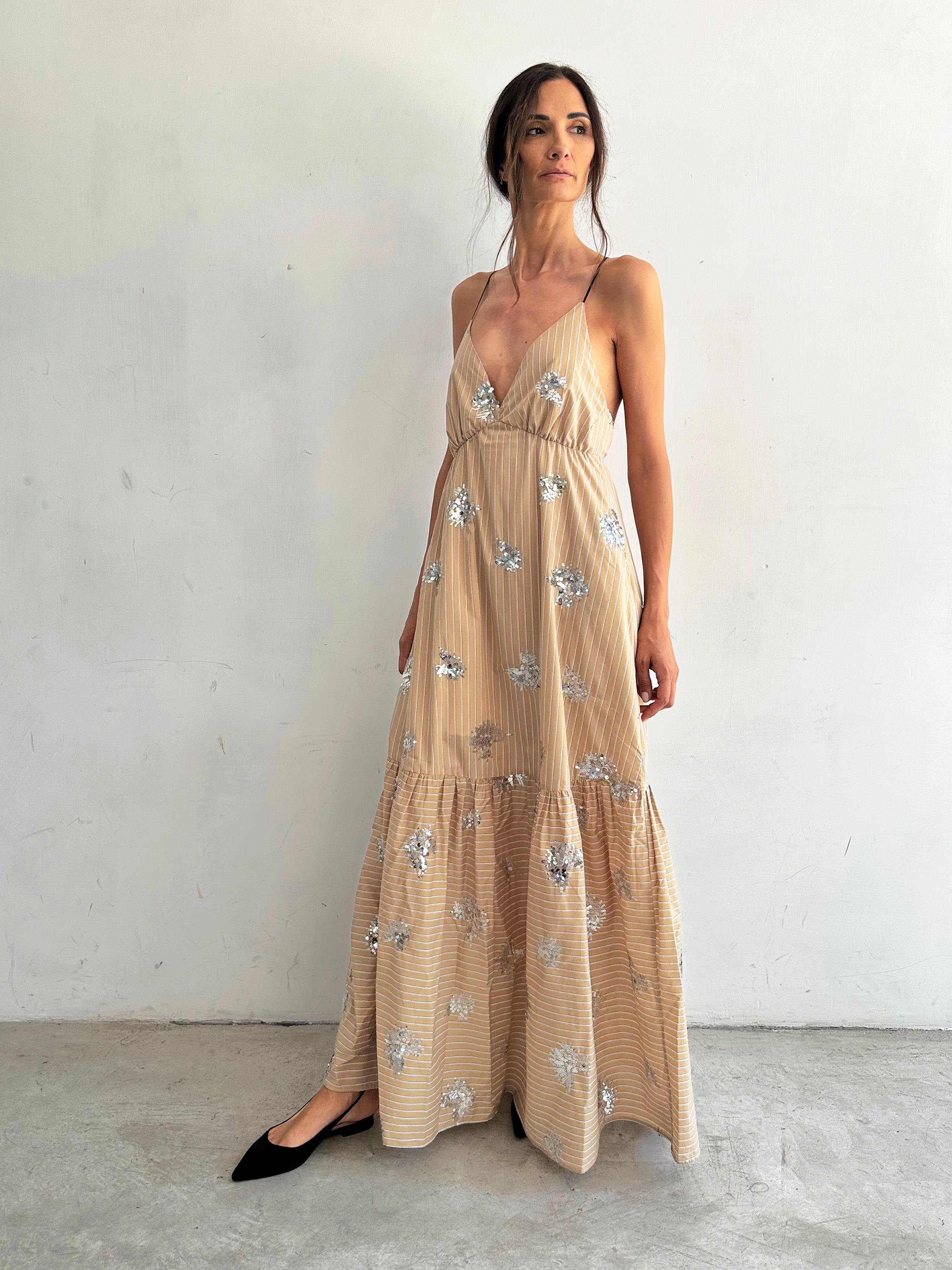 Brezza Abito Beige A Righe E Paillettes