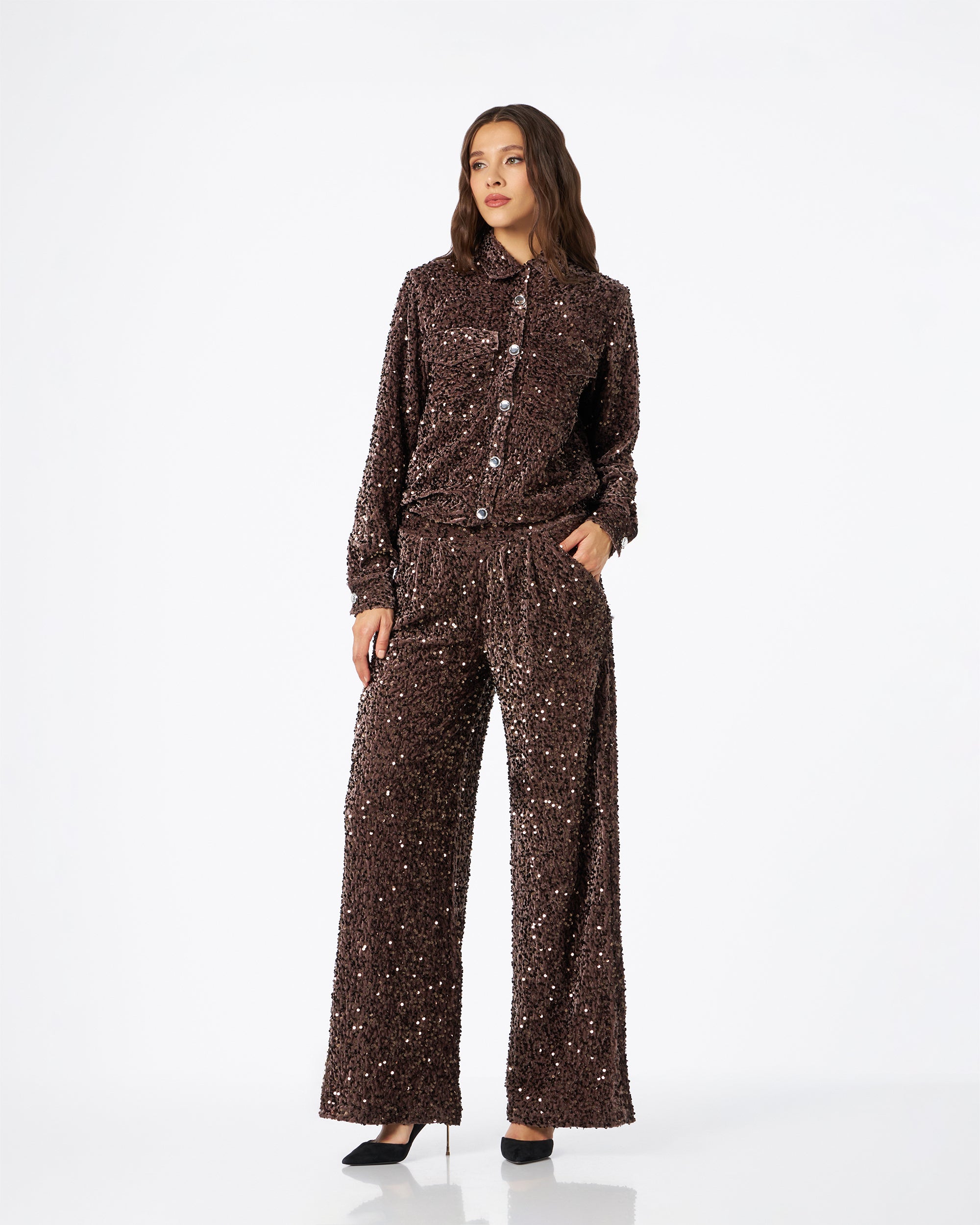 Francesca pantalone in velluto di paillettes tortora