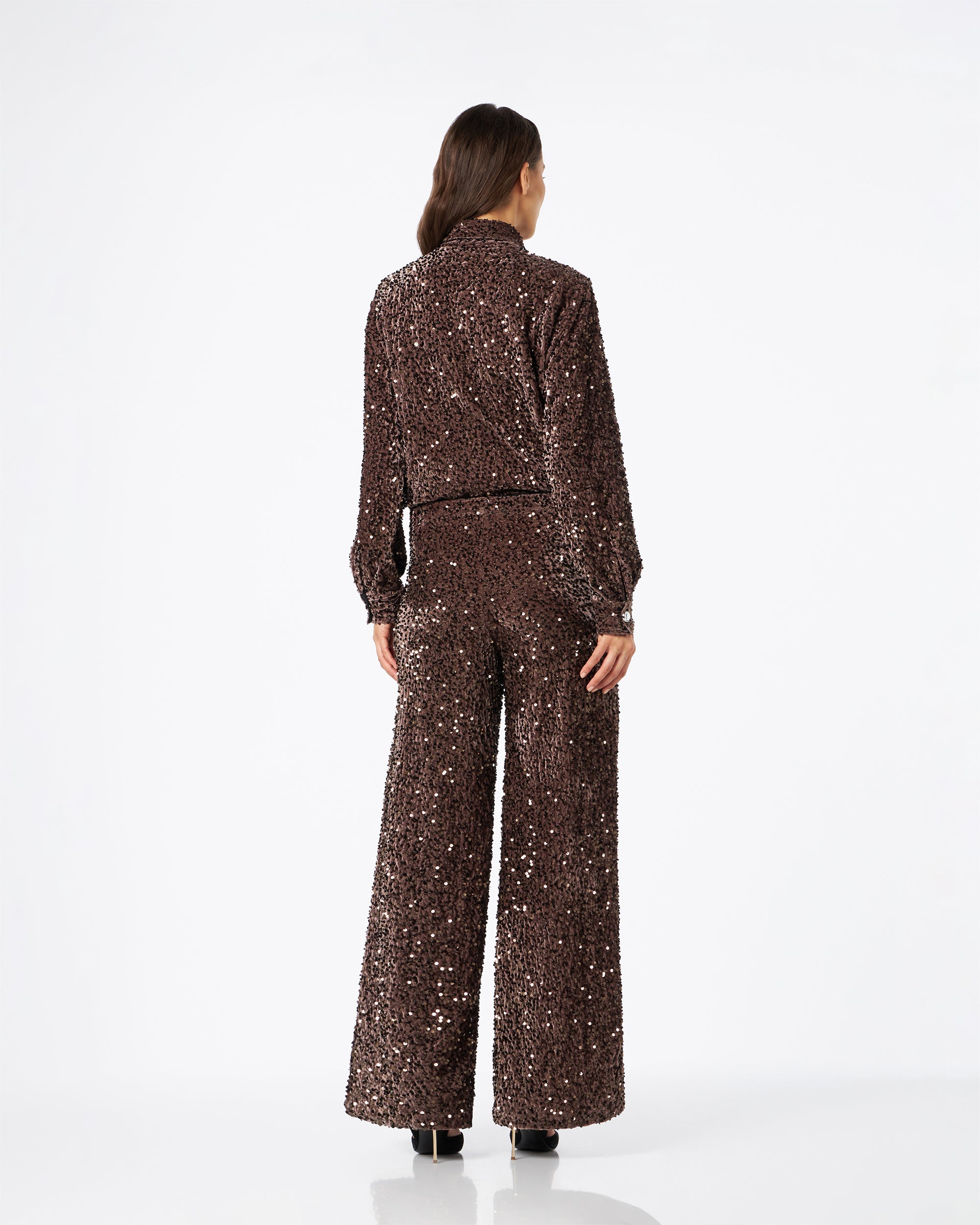Francesca pantalone in velluto di paillettes tortora