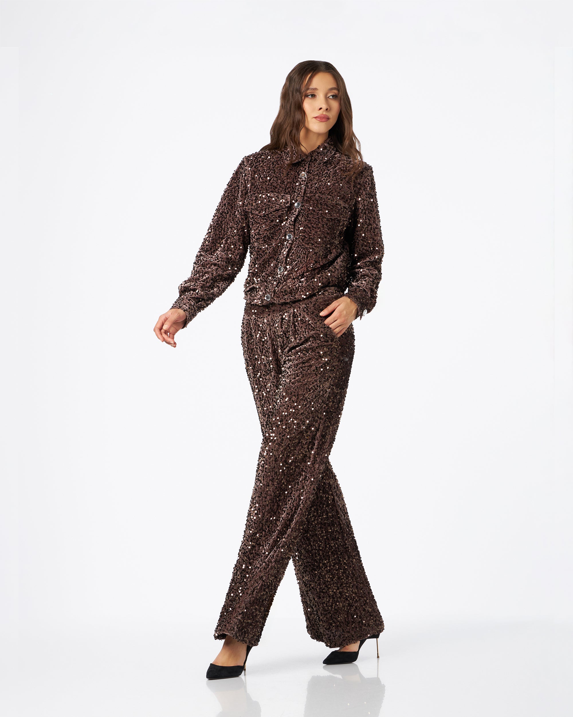 Francesca pantalone in velluto di paillettes tortora