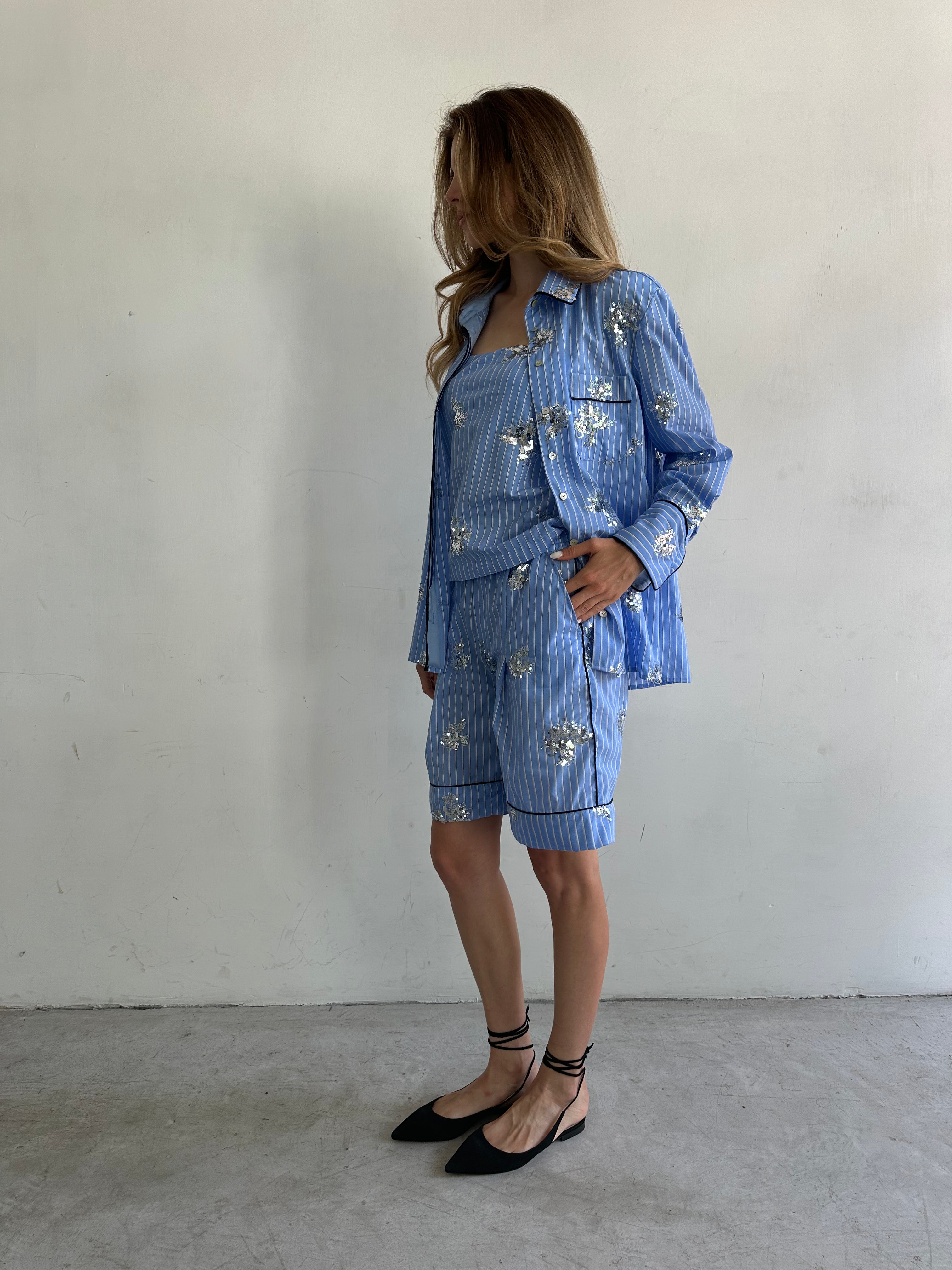 Aria Camicia Pigiama Azzurro Cielo A Righe E Paillettes