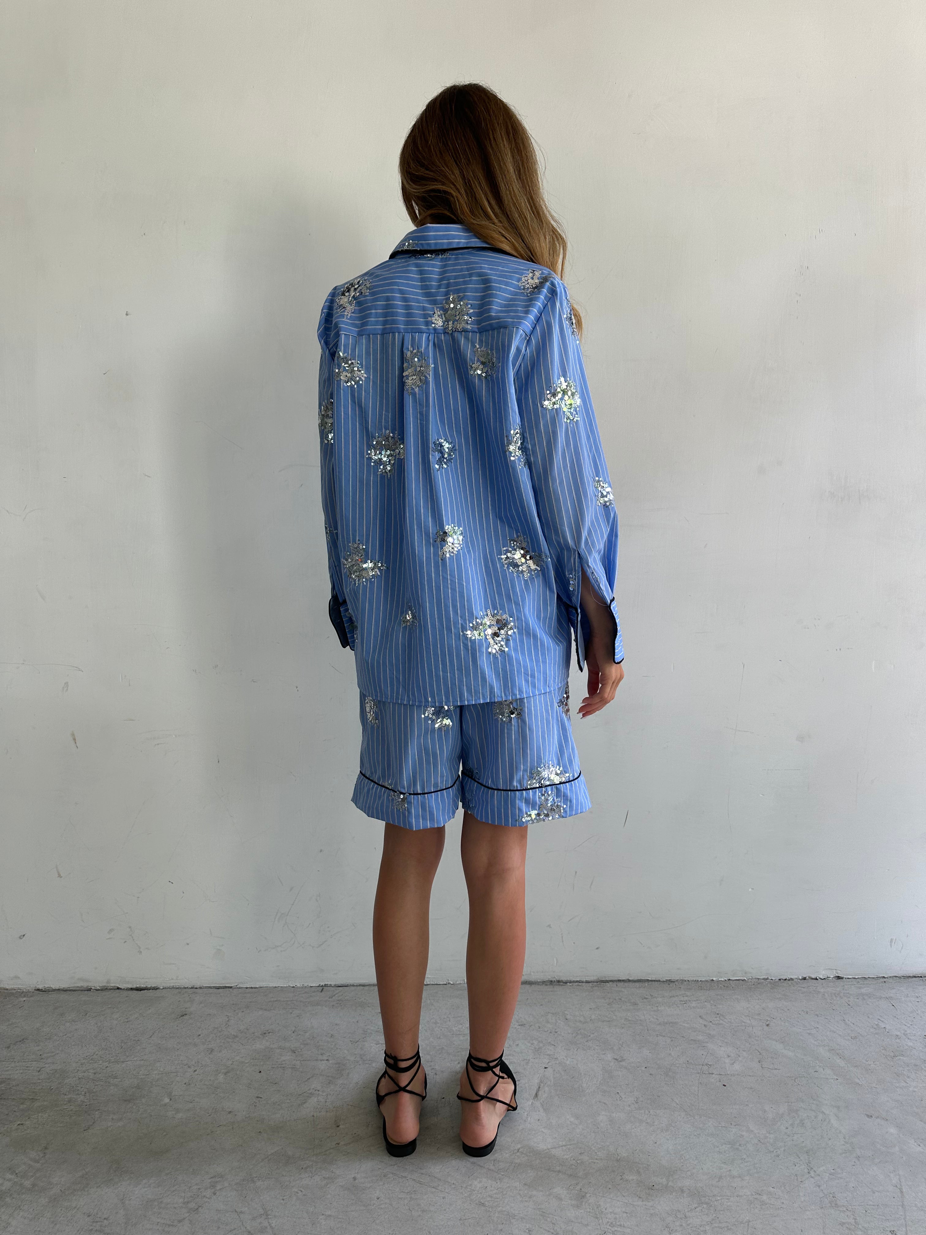 Aria Camicia Pigiama Azzurro Cielo A Righe E Paillettes