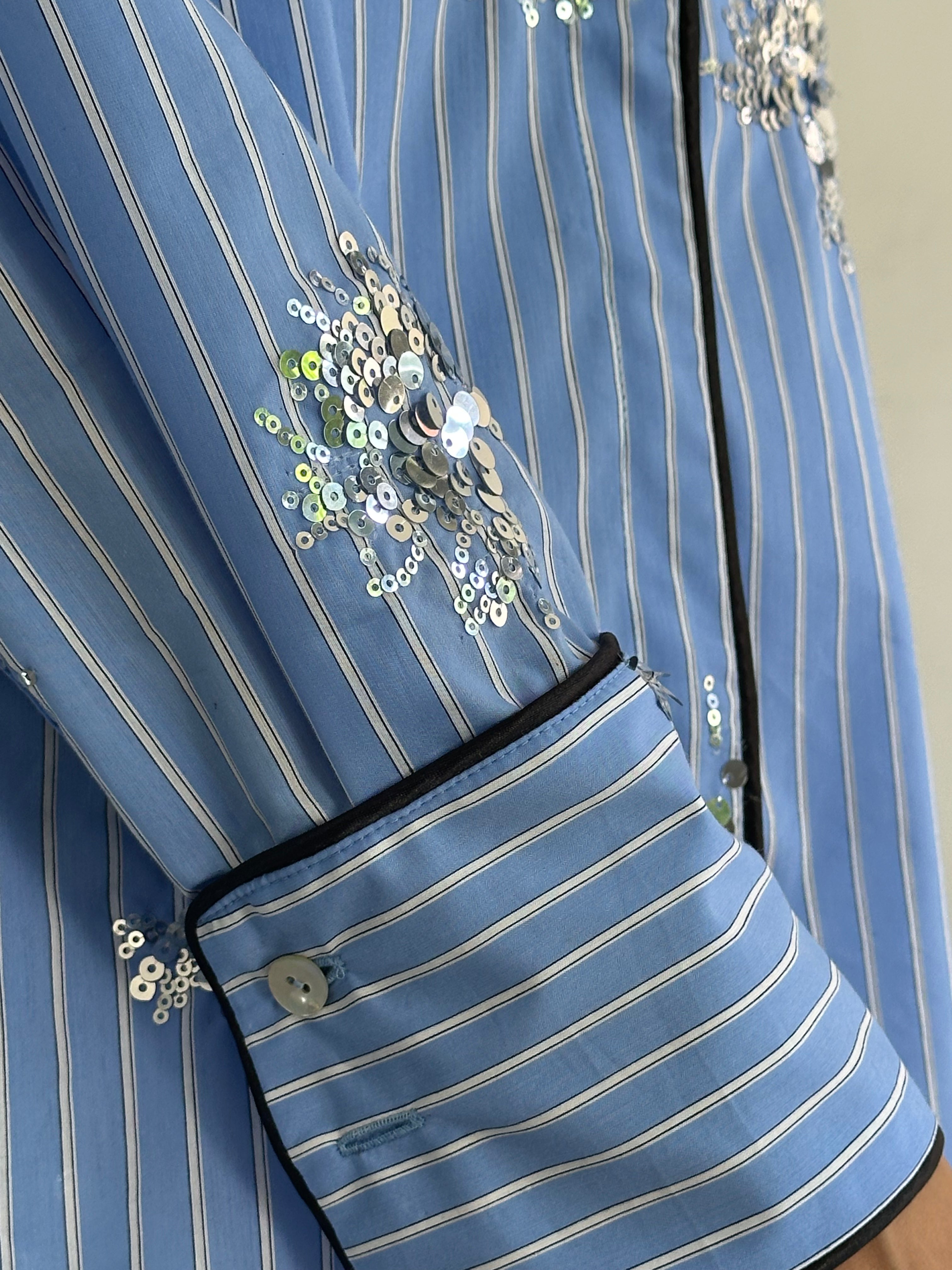 Aria Camicia Pigiama Azzurro Cielo A Righe E Paillettes