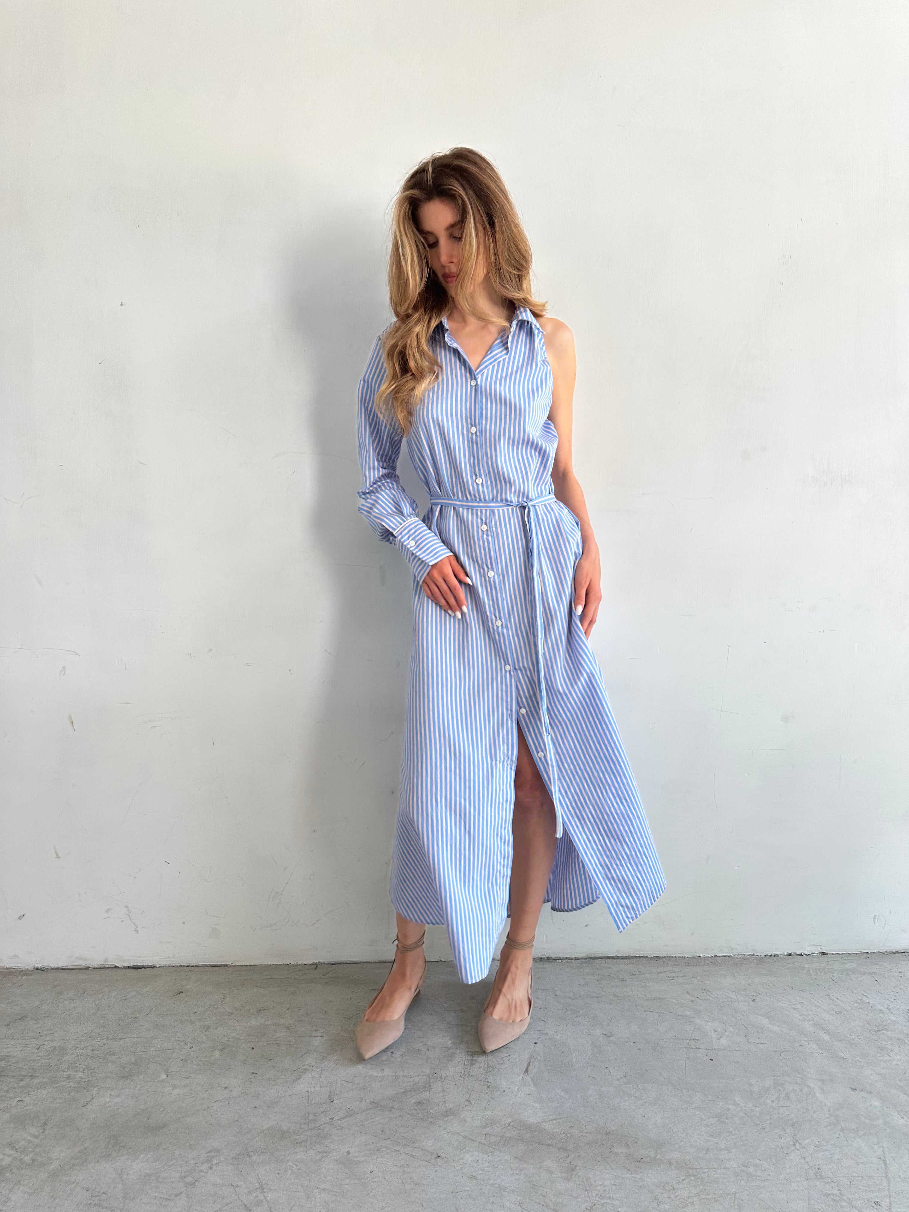 Ombra Chemisier Monospalla Azzurro Cielo A Righe