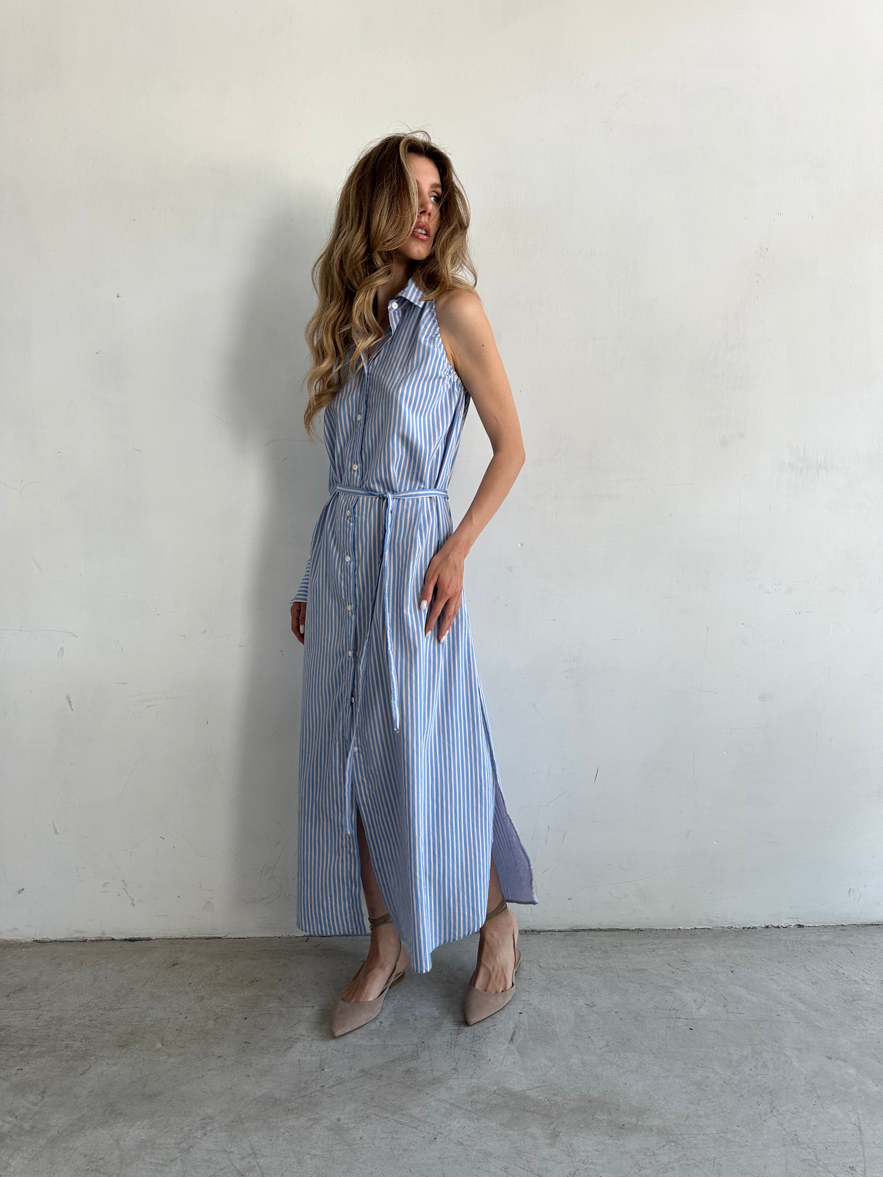 Ombra Chemisier Monospalla Azzurro Cielo A Righe