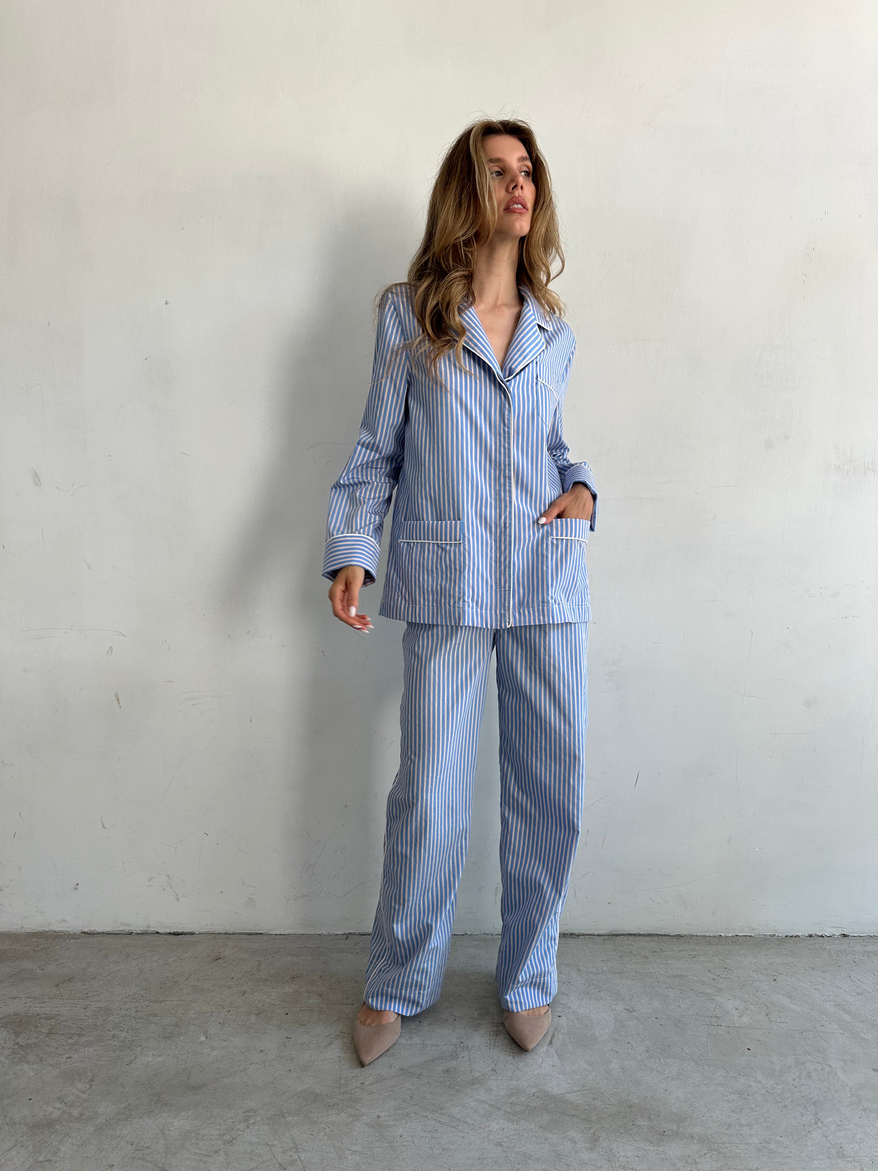 Giorno Pantaloni Pigiama Azzurro Cielo A Righe