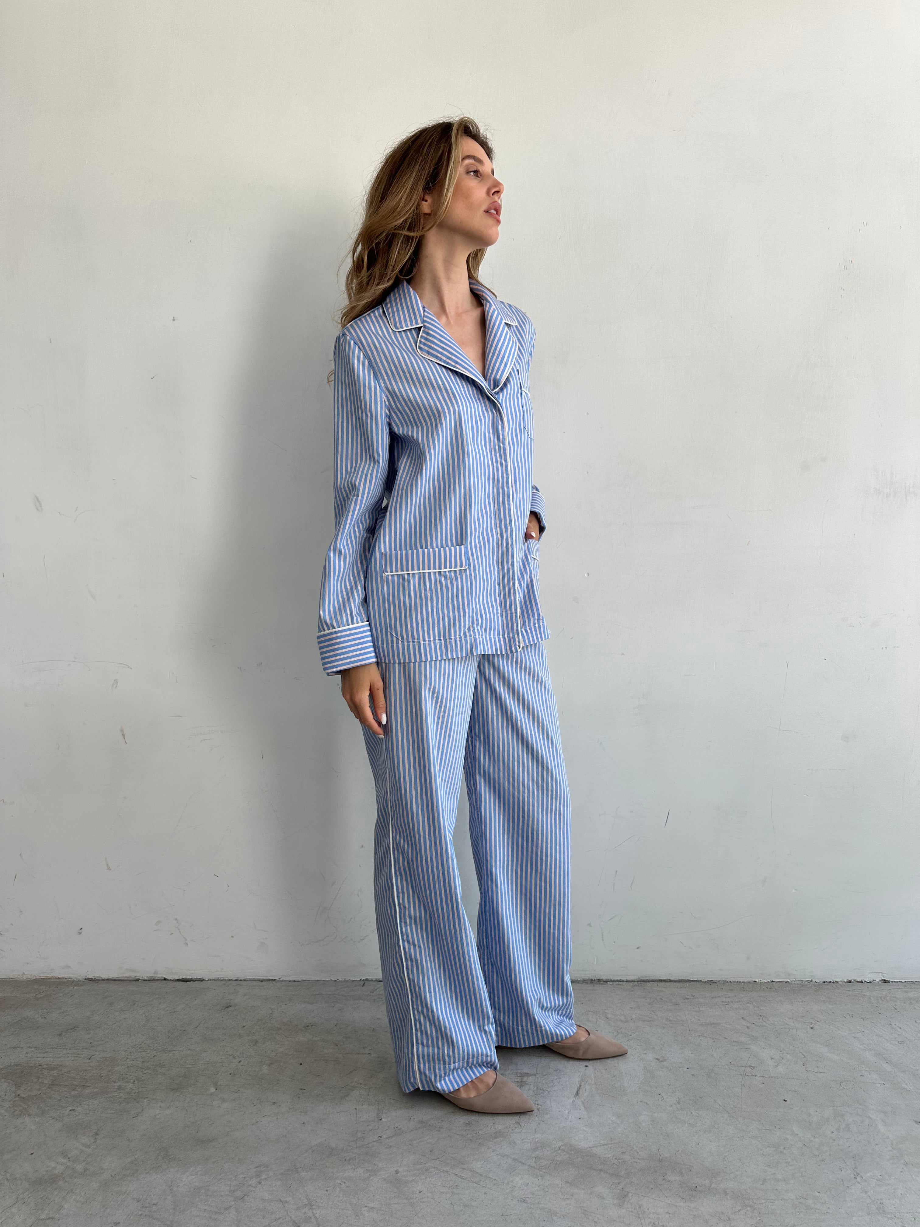 Buon Camicia Pigiama Azzurro Cielo A Righe