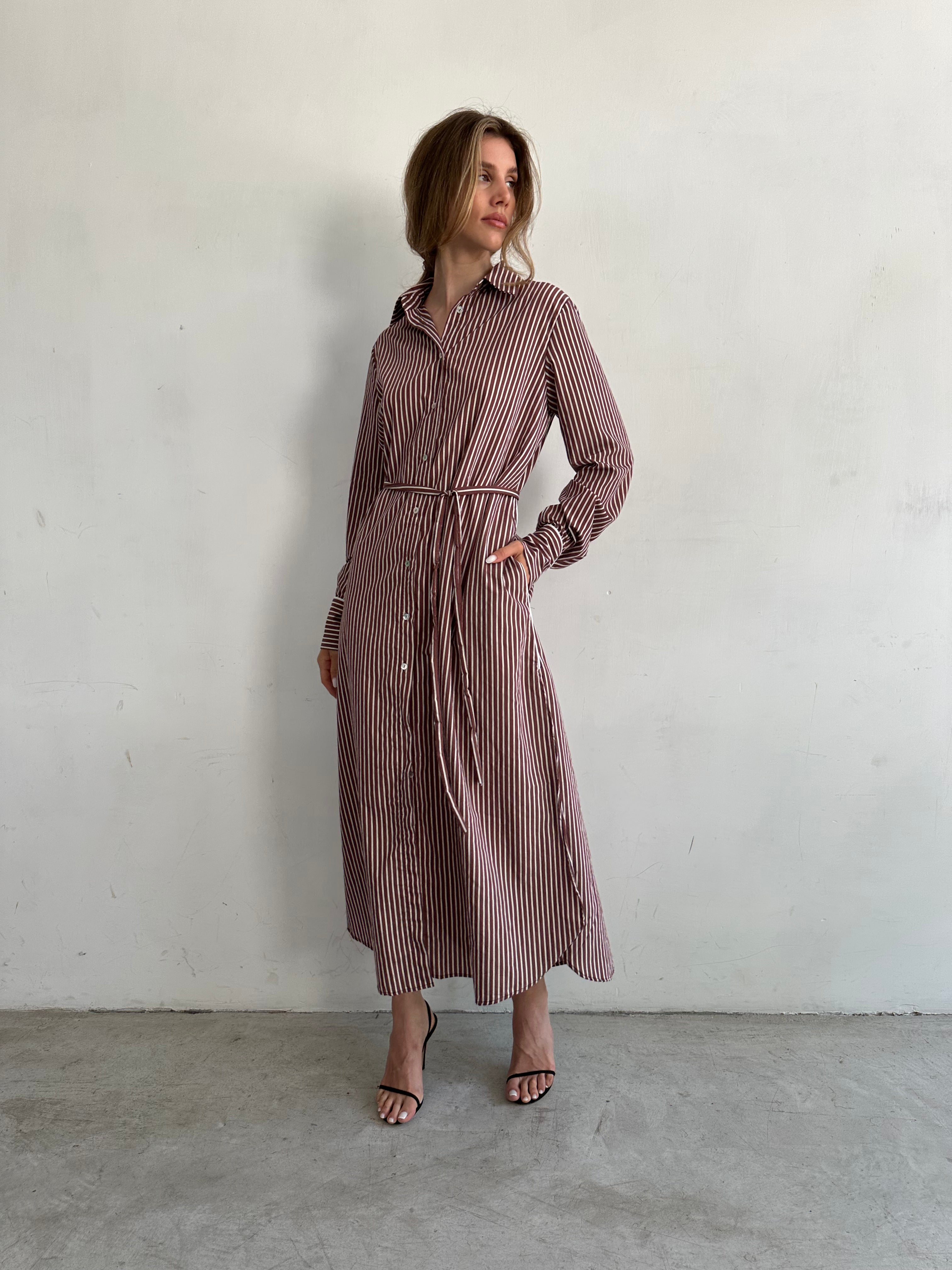 Brina Chemisier Marrone A Righe