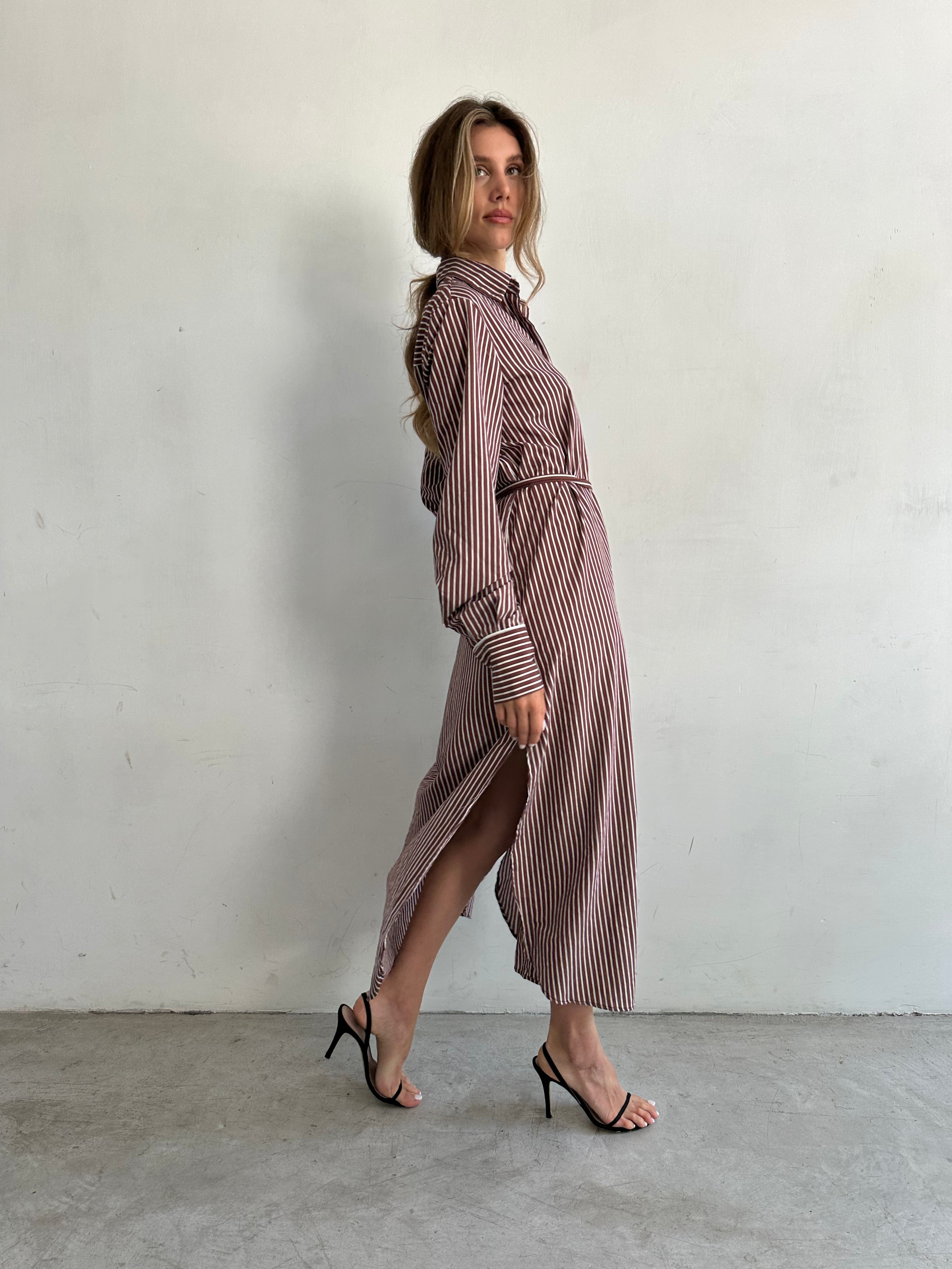 Brina Chemisier Marrone A Righe