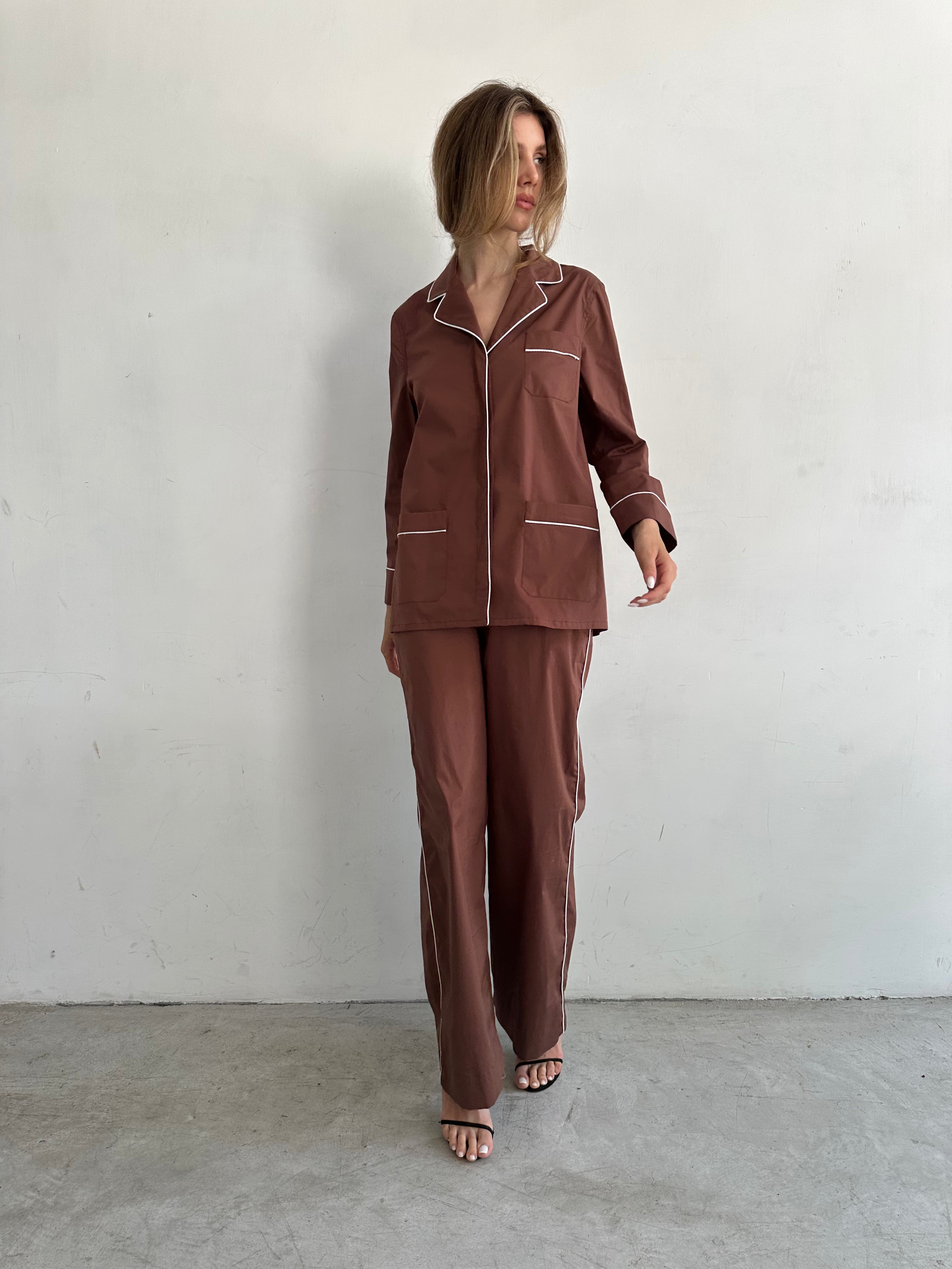 Buon Camicia Pigiama Marrone In Cotone