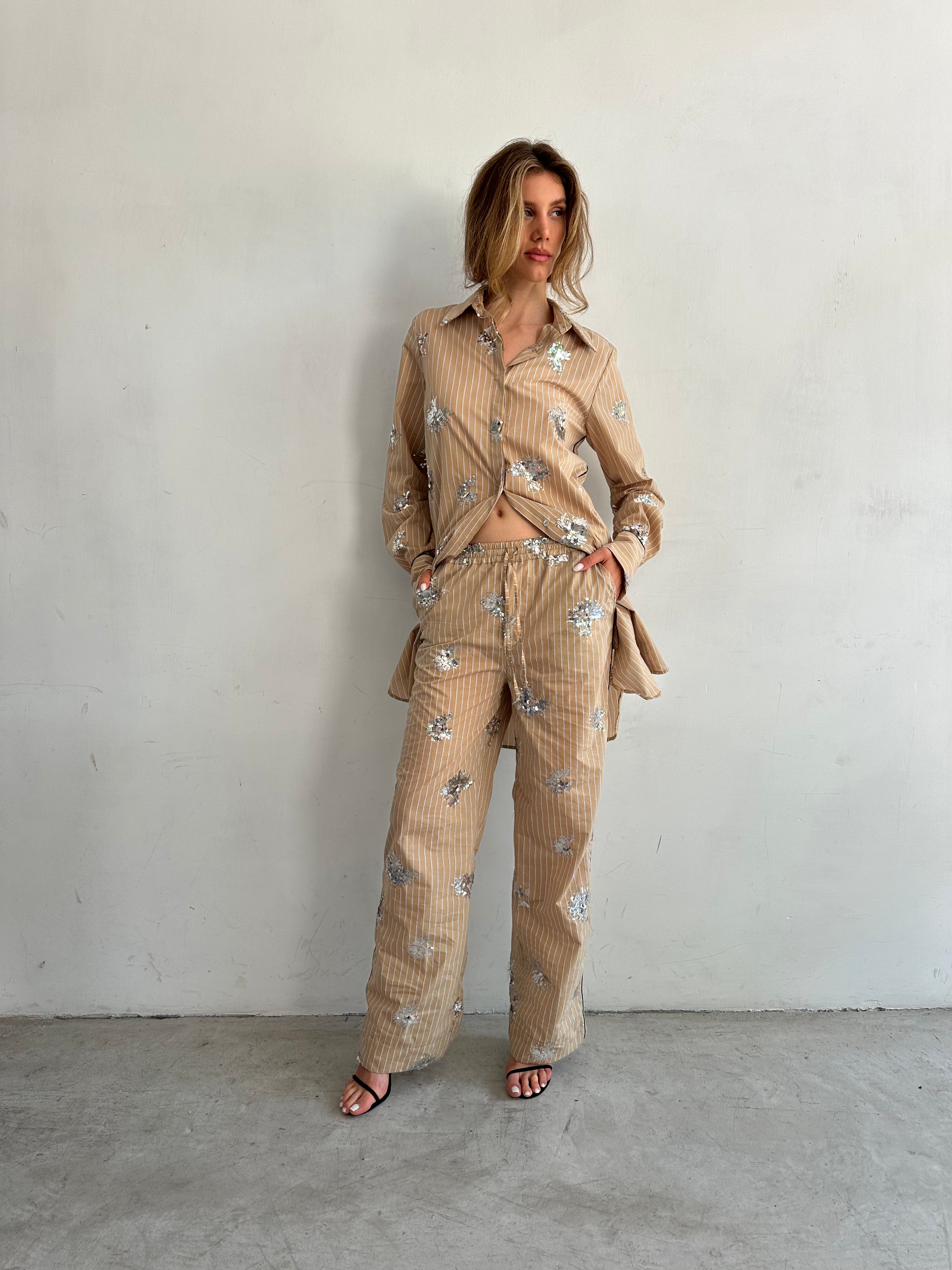 Giorno Pantaloni Pigiama Beige A Righe E Paillettes