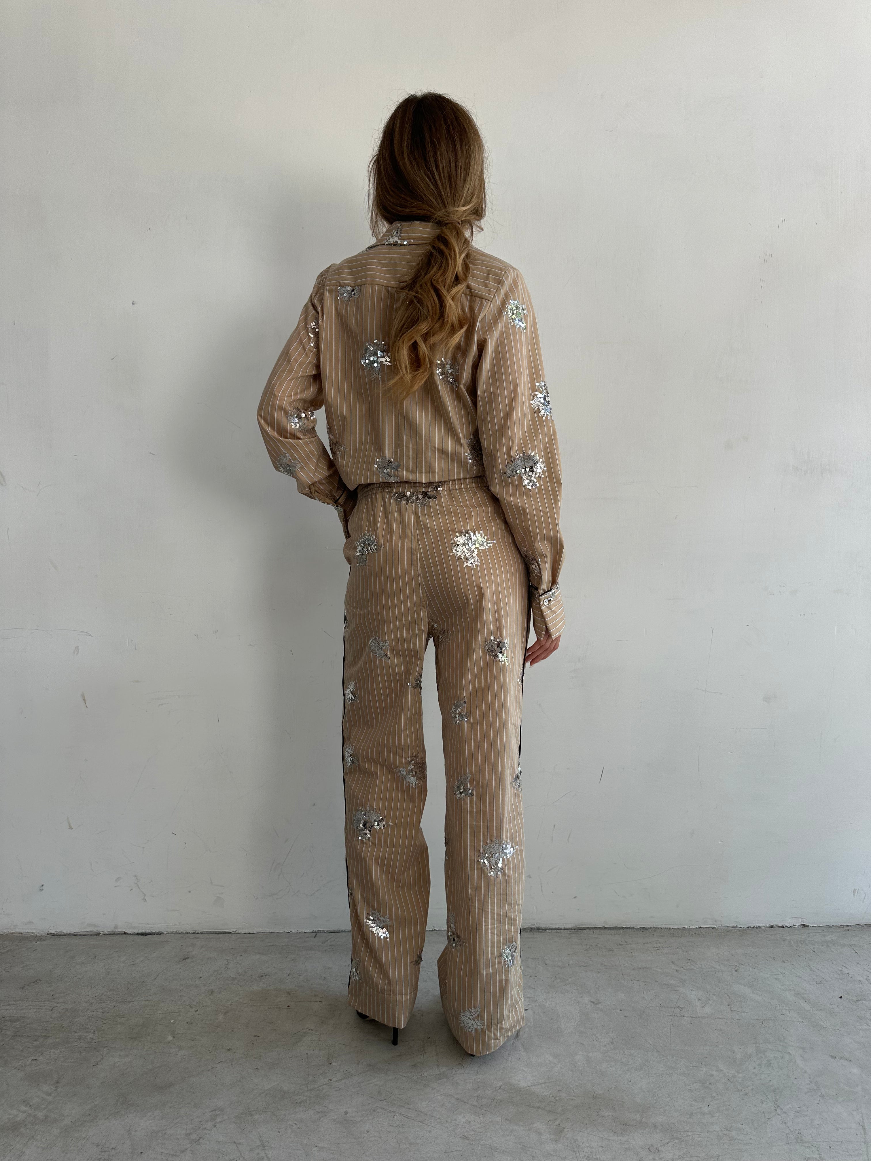 Giorno Pantaloni Pigiama Beige A Righe E Paillettes