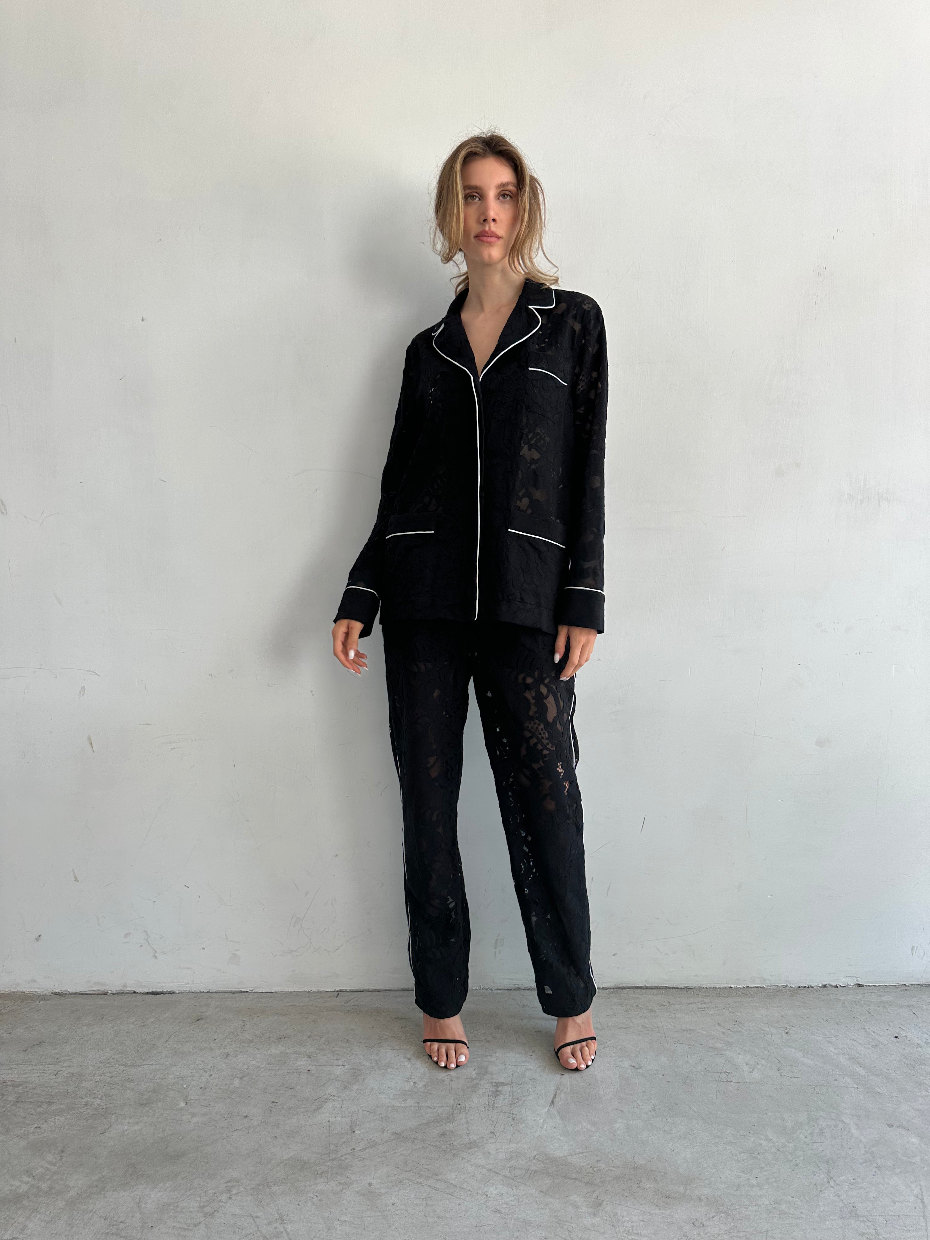 Buon Camicia Pigiama Nero In Pizzo