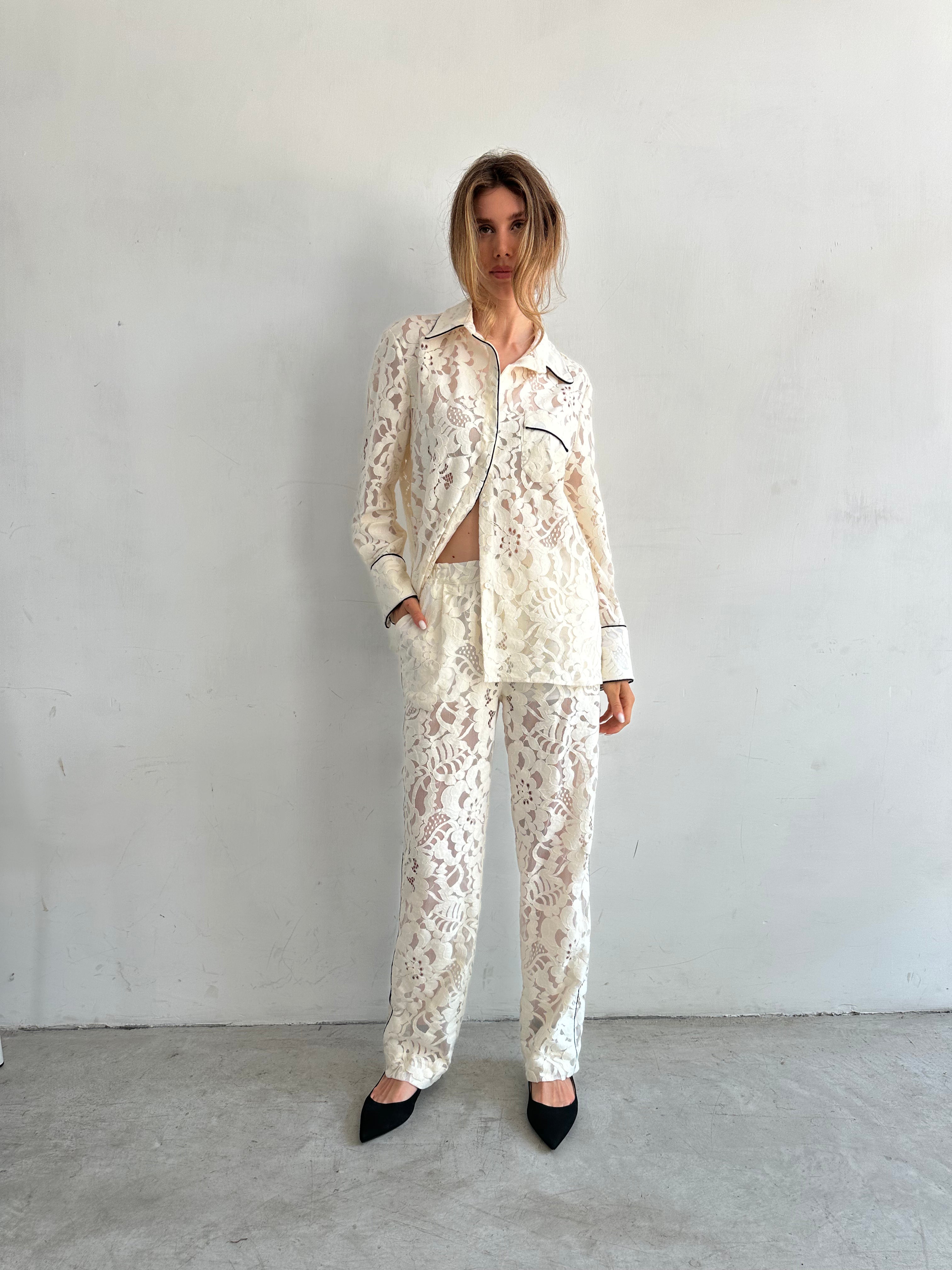 Aria Camicia Pigiama Bianca In Pizzo