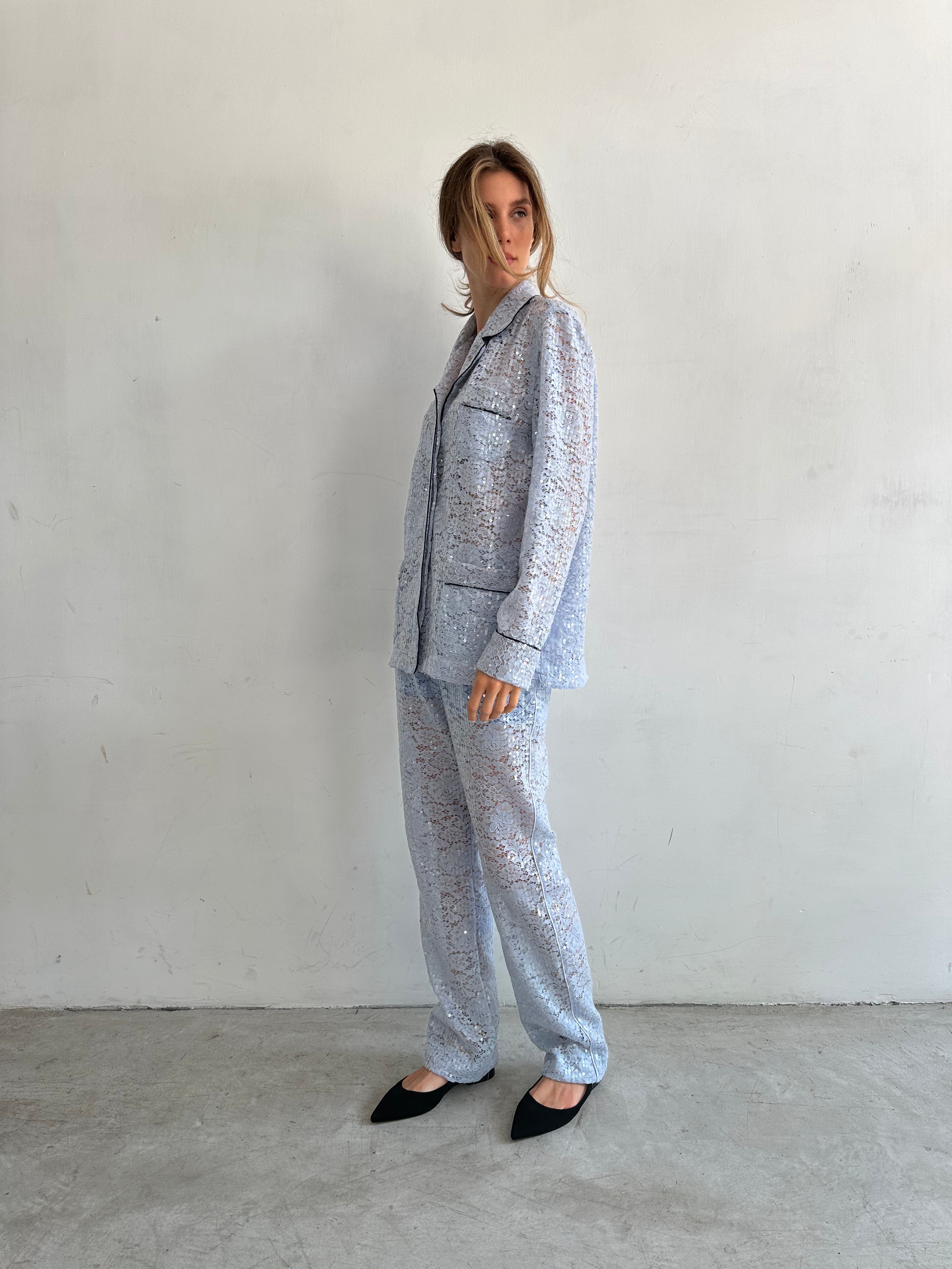 Buon Camicia Pigiama Azzurro Chiaro In Pizzo E Paillettes