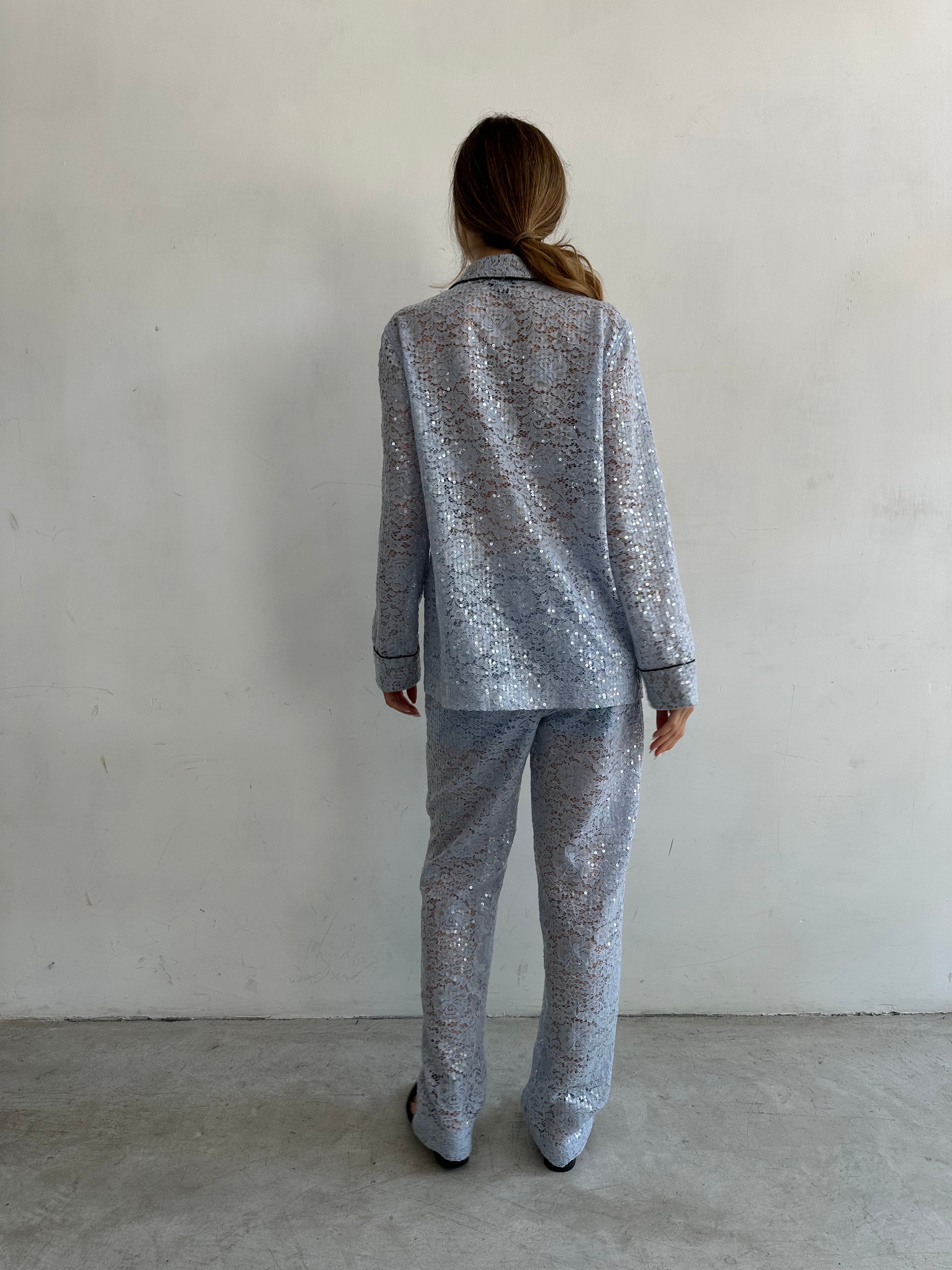 Buon Camicia Pigiama Azzurro Chiaro In Pizzo E Paillettes