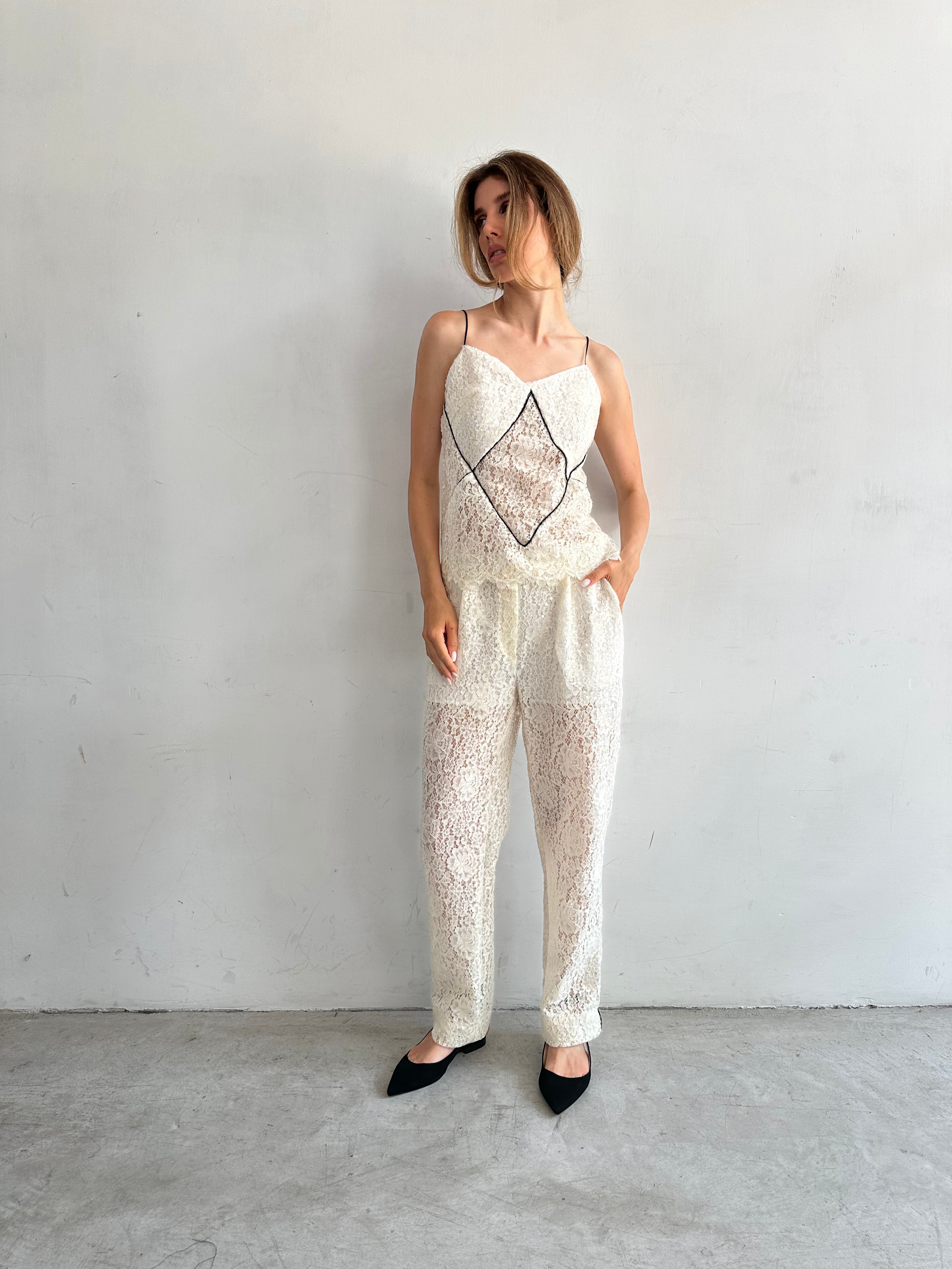 Sera Pantaloni Pigiama Bianco In Pizzo E Paillettes