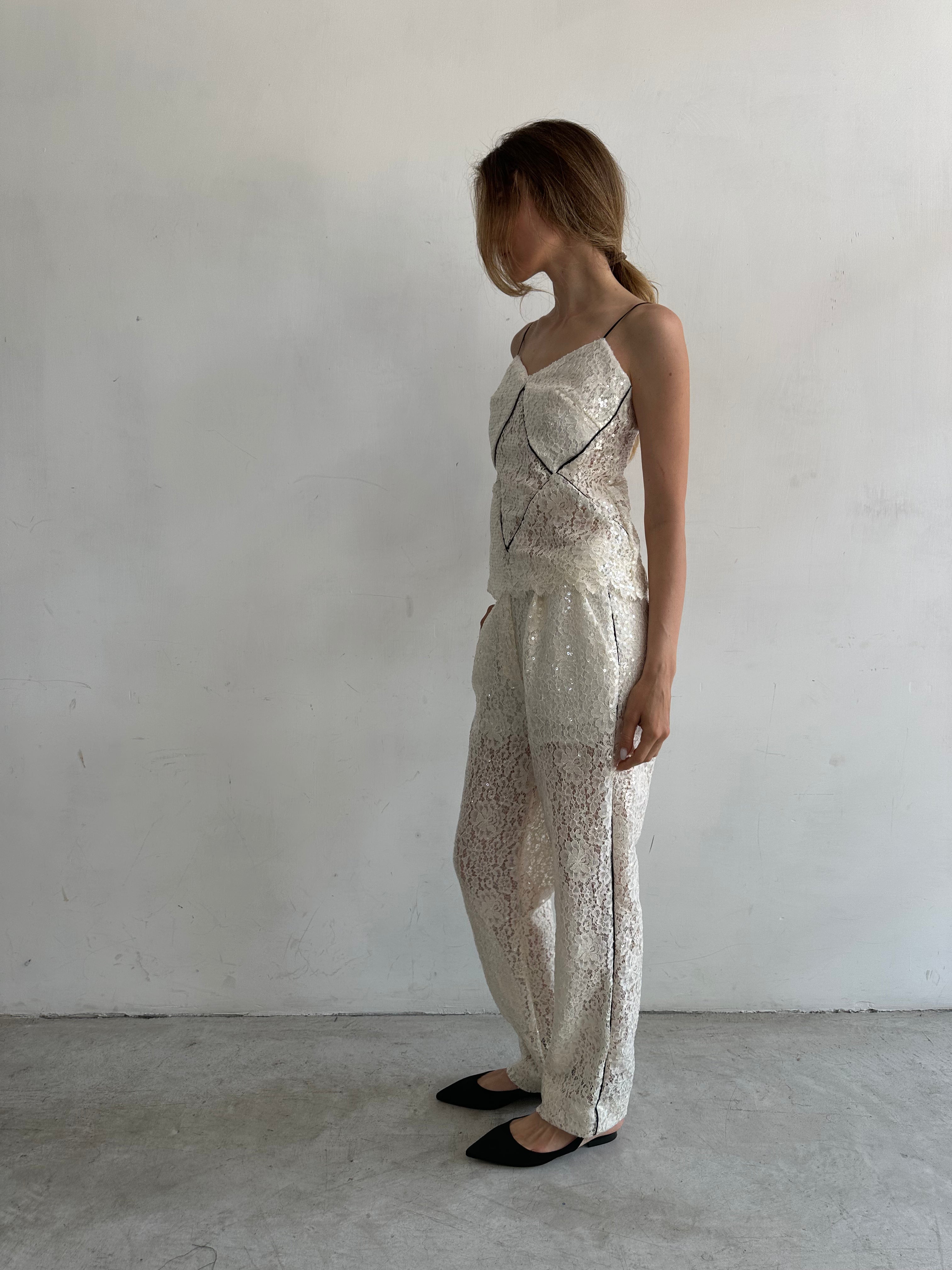 Sera Pantaloni Pigiama Bianco In Pizzo E Paillettes