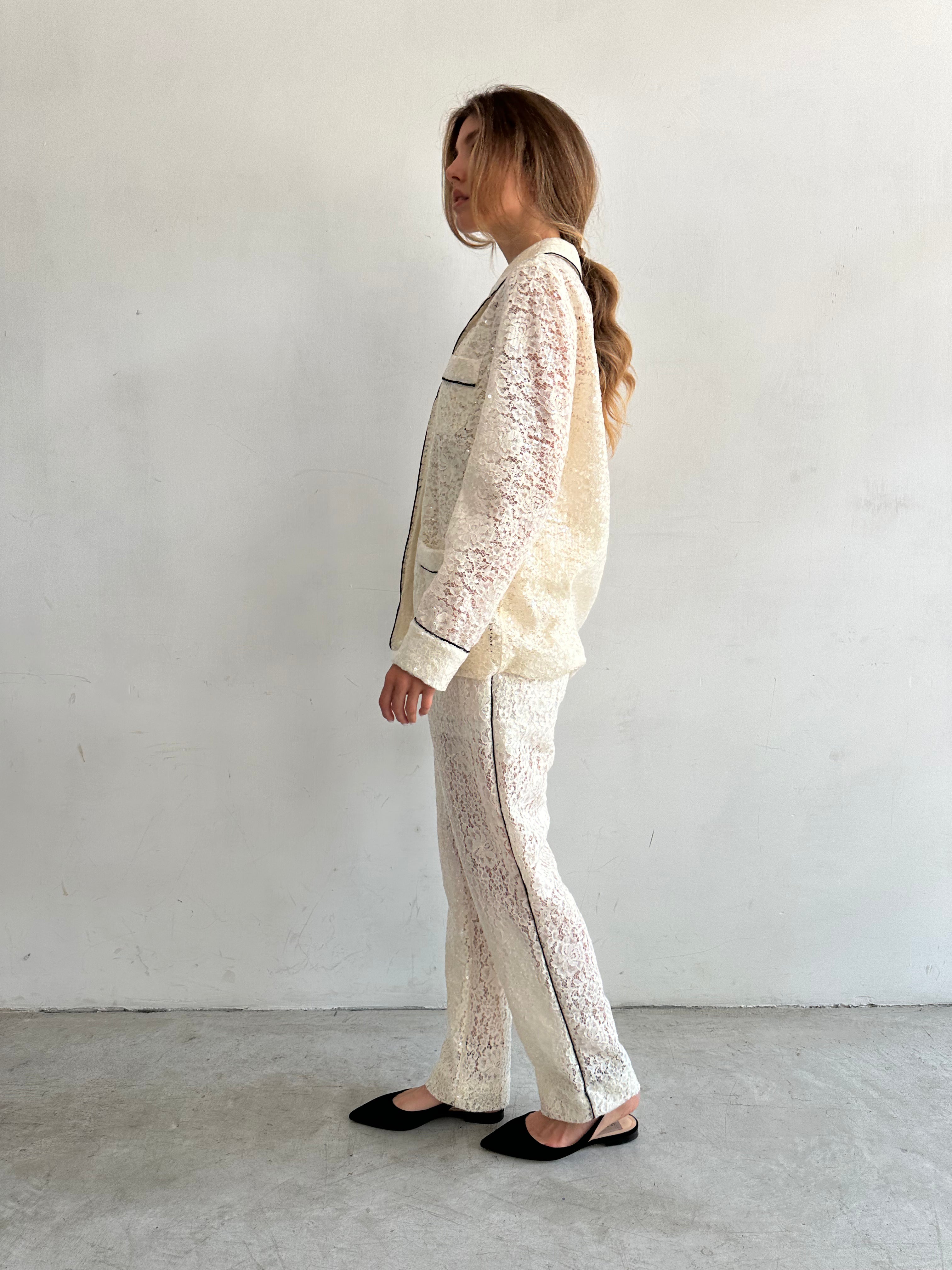 Buon Camicia Pigiama Bianca In Pizzo E Paillettes