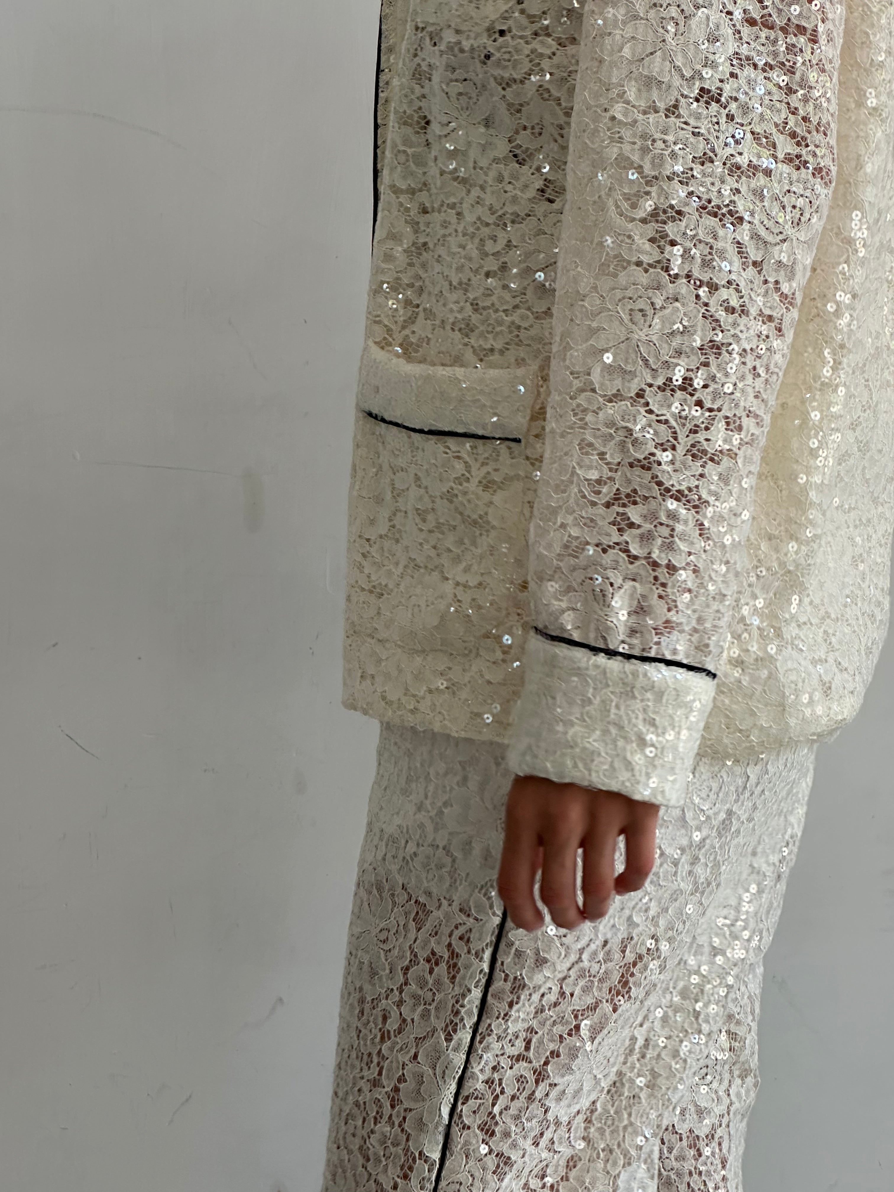 Buon Camicia Pigiama Bianca In Pizzo E Paillettes