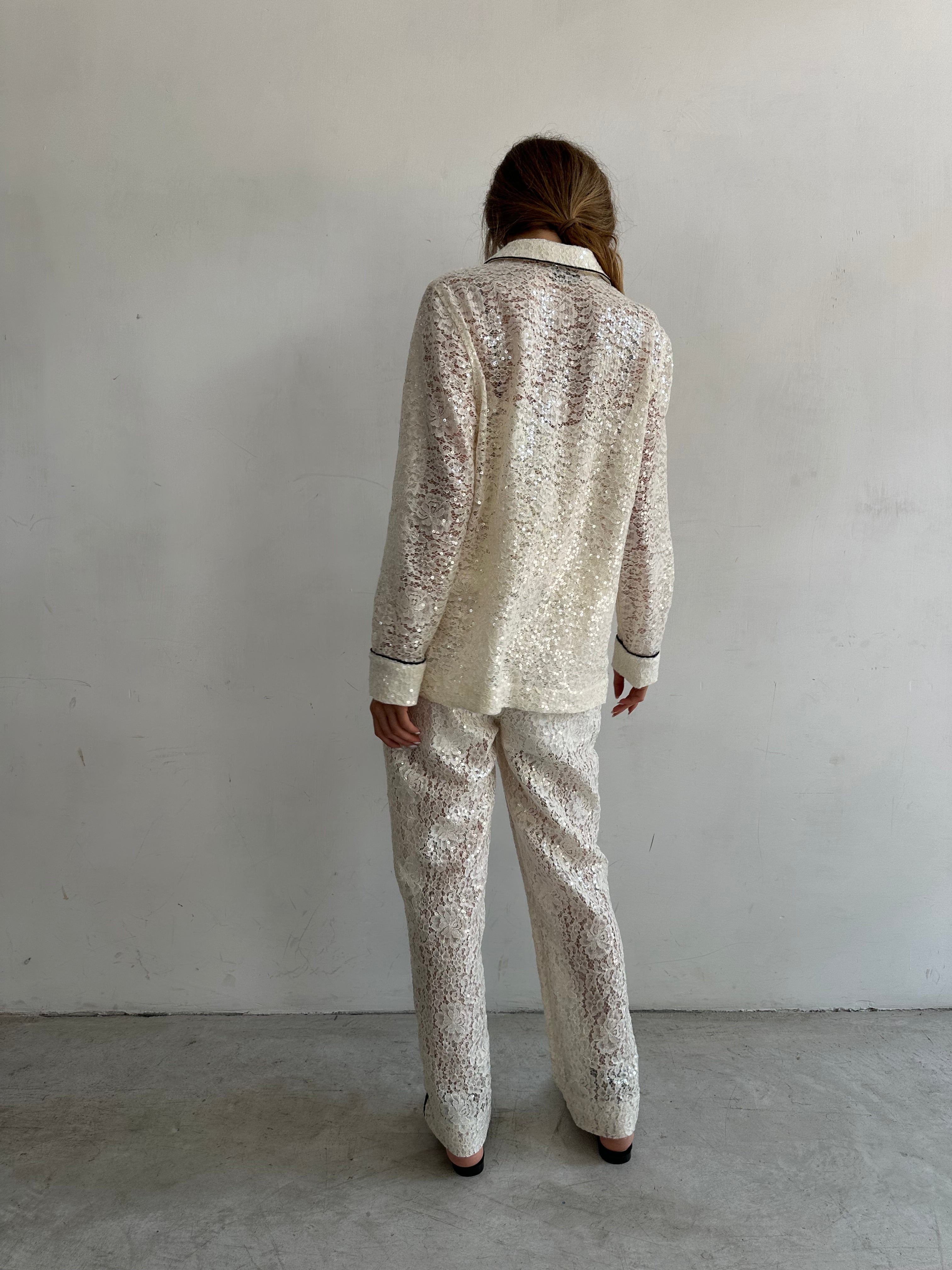 Buon Camicia Pigiama Bianca In Pizzo E Paillettes