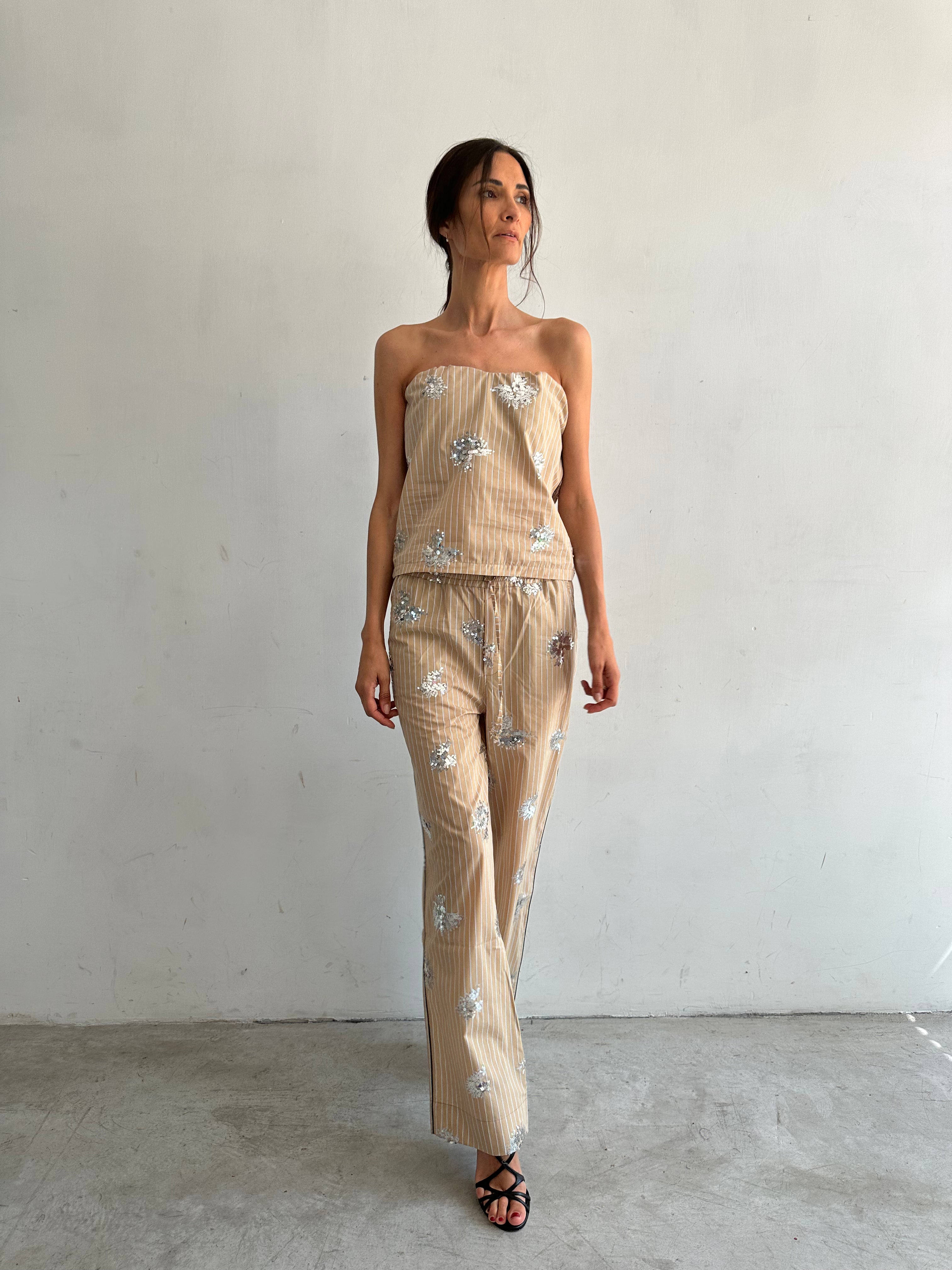 Aura Top Beige A Righe E Paillettes