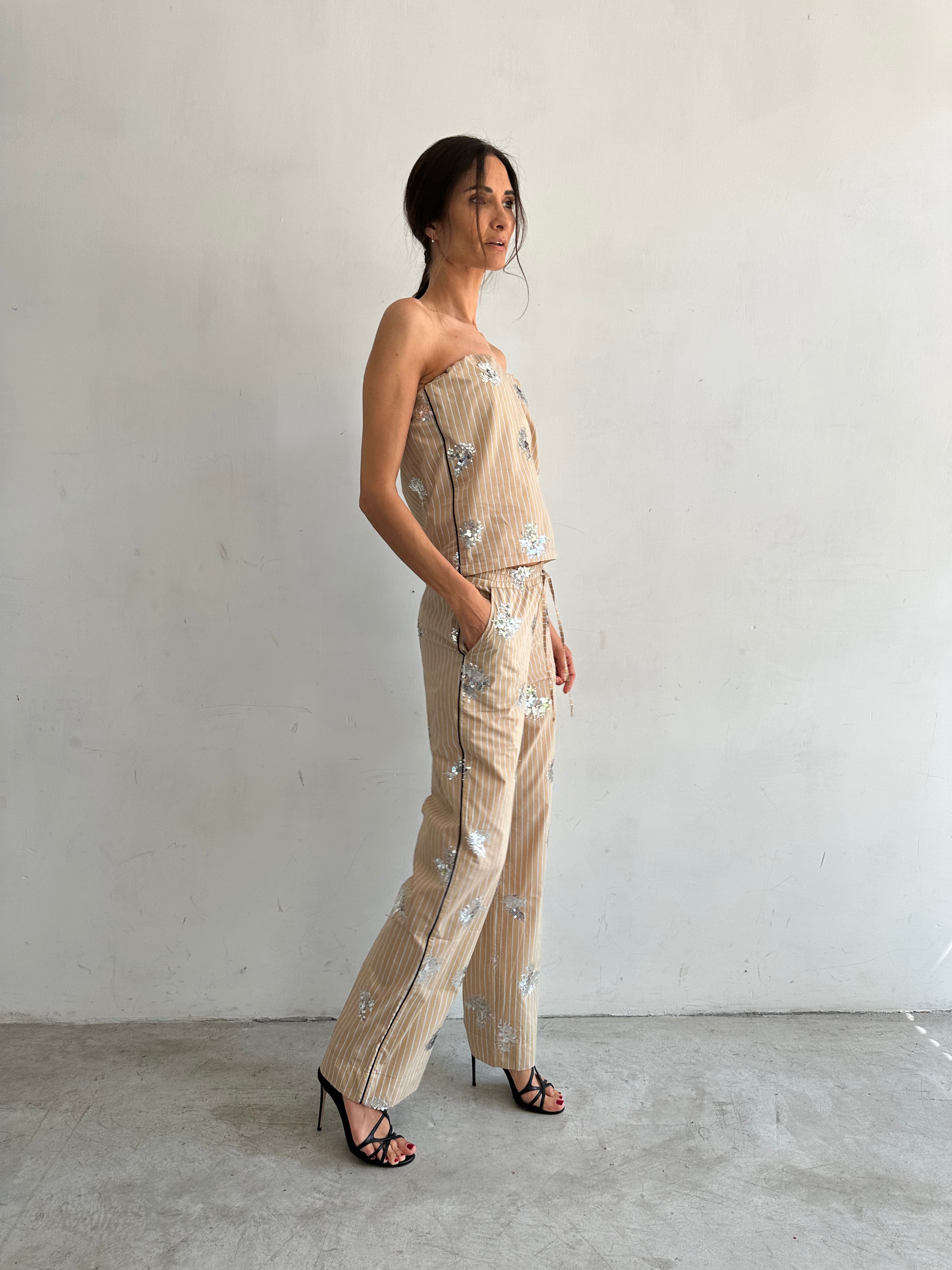 Aura Top Beige A Righe E Paillettes